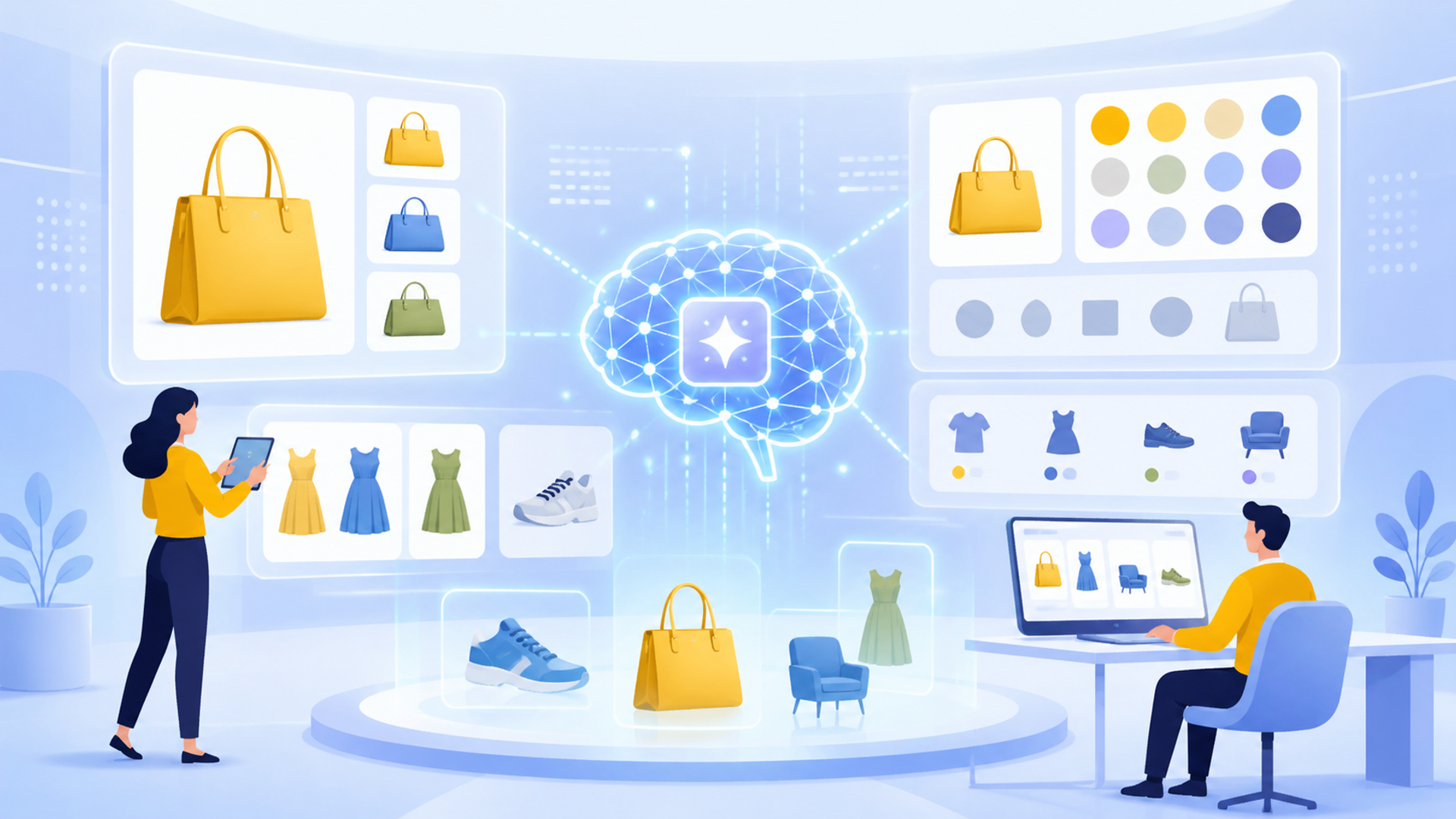 EC業界におけるAI活用の動向を表す図解イラスト