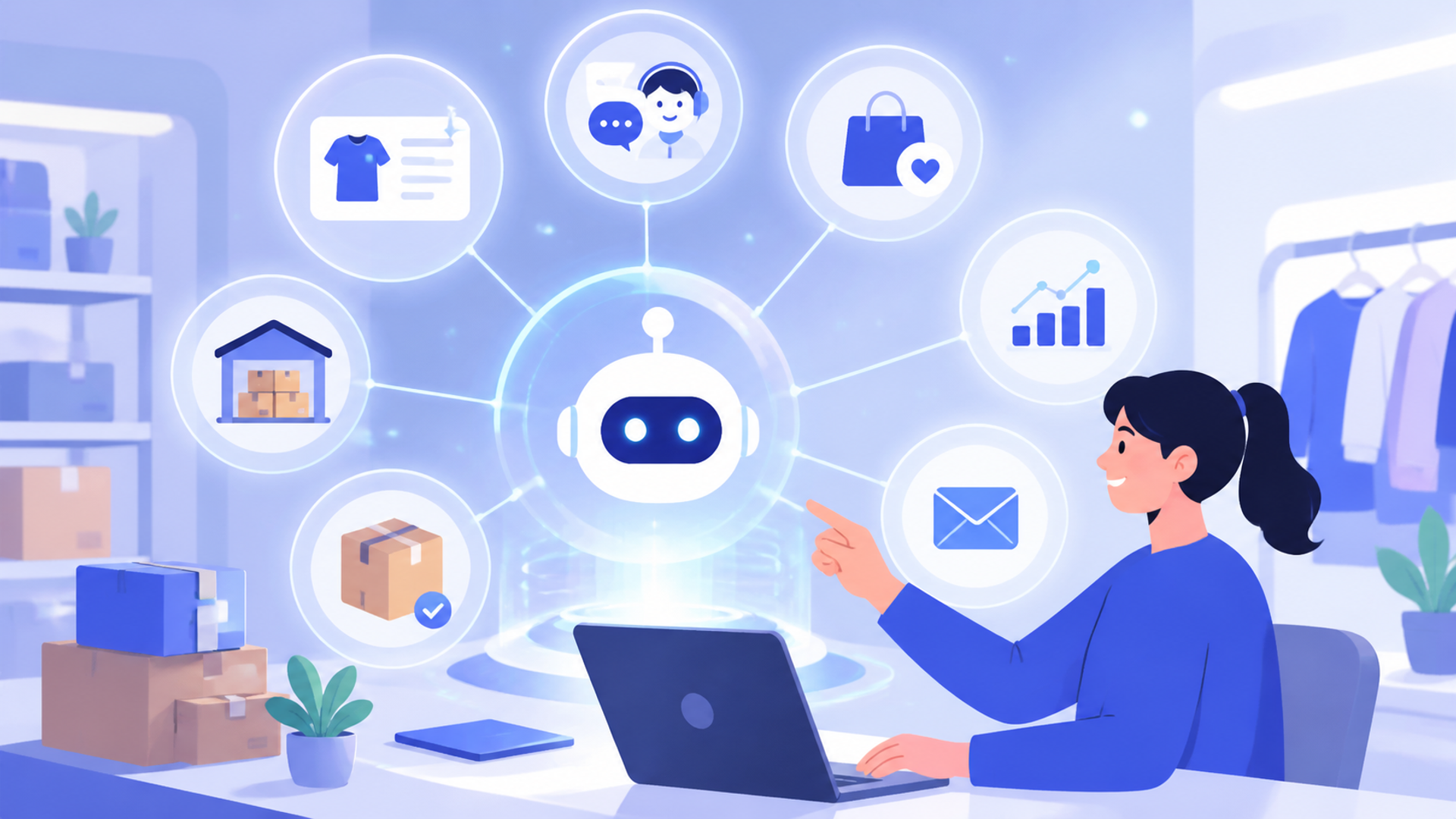 商品登録と併せて導入したいEC向けの便利なAI機能を表す図解イラスト
