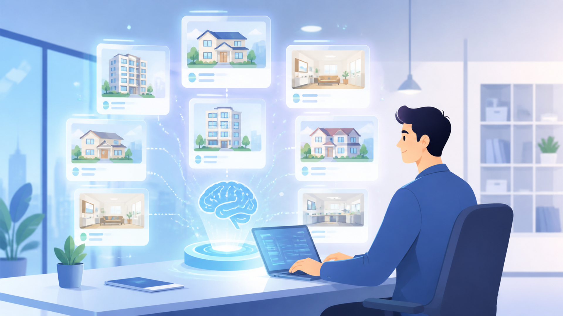 不動産業界でAIによる物件情報の管理が注目される背景を表す図解イラスト