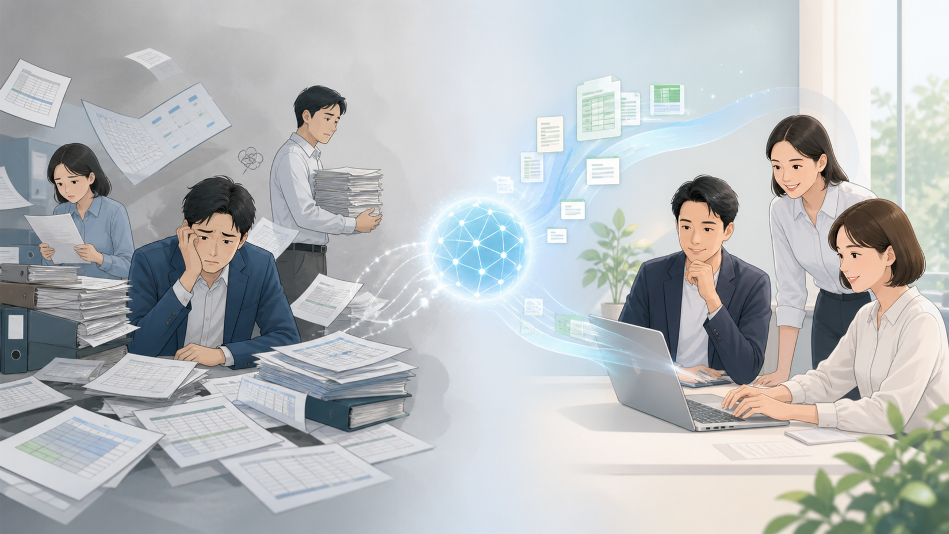 発注業務を効率化する！AI導入の3つのメリットを表す図解イラスト