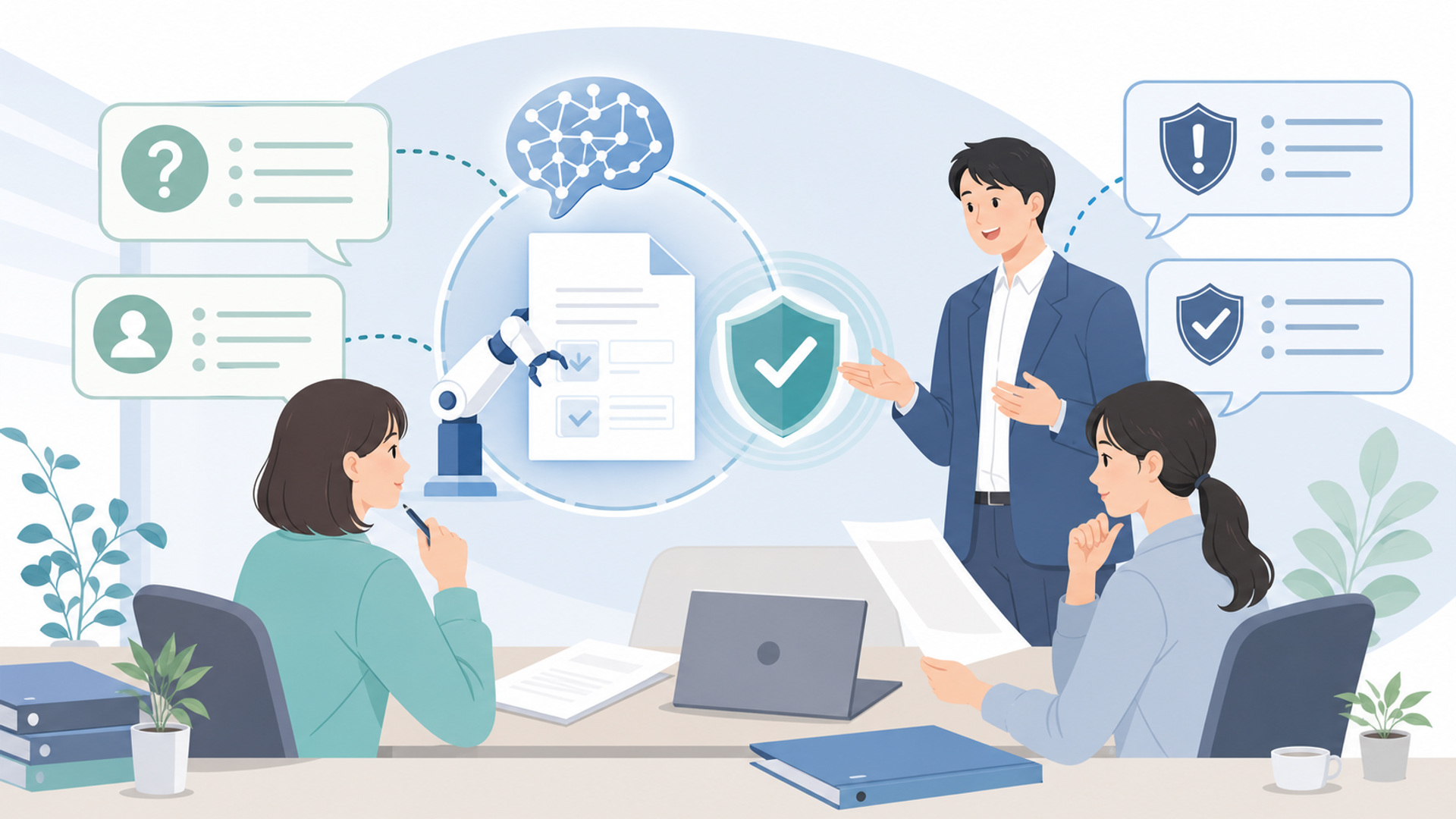 AIツールを現場へスムーズに導入する3つのステップを表す図解イラスト