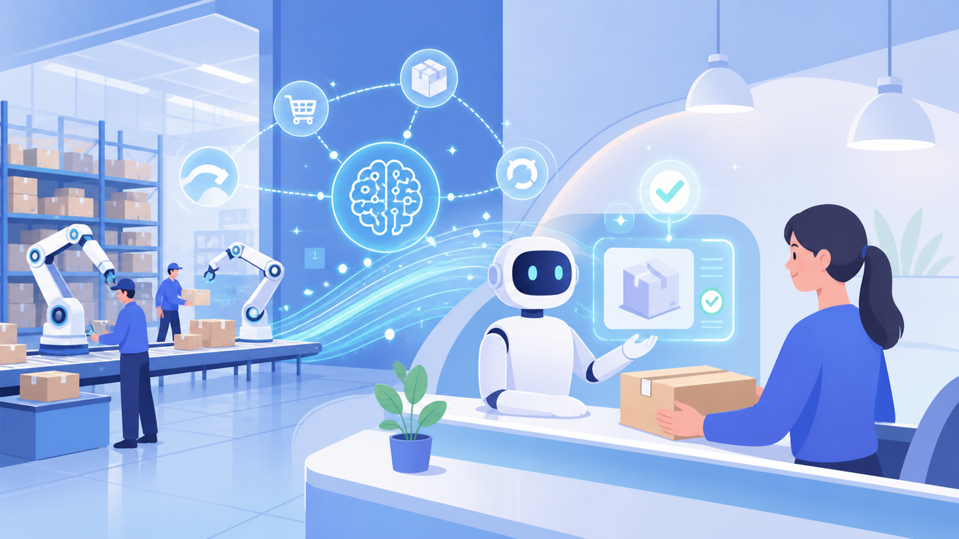 AIによる返品処理の自動化がEC事業で注目される背景を表す図解イラスト