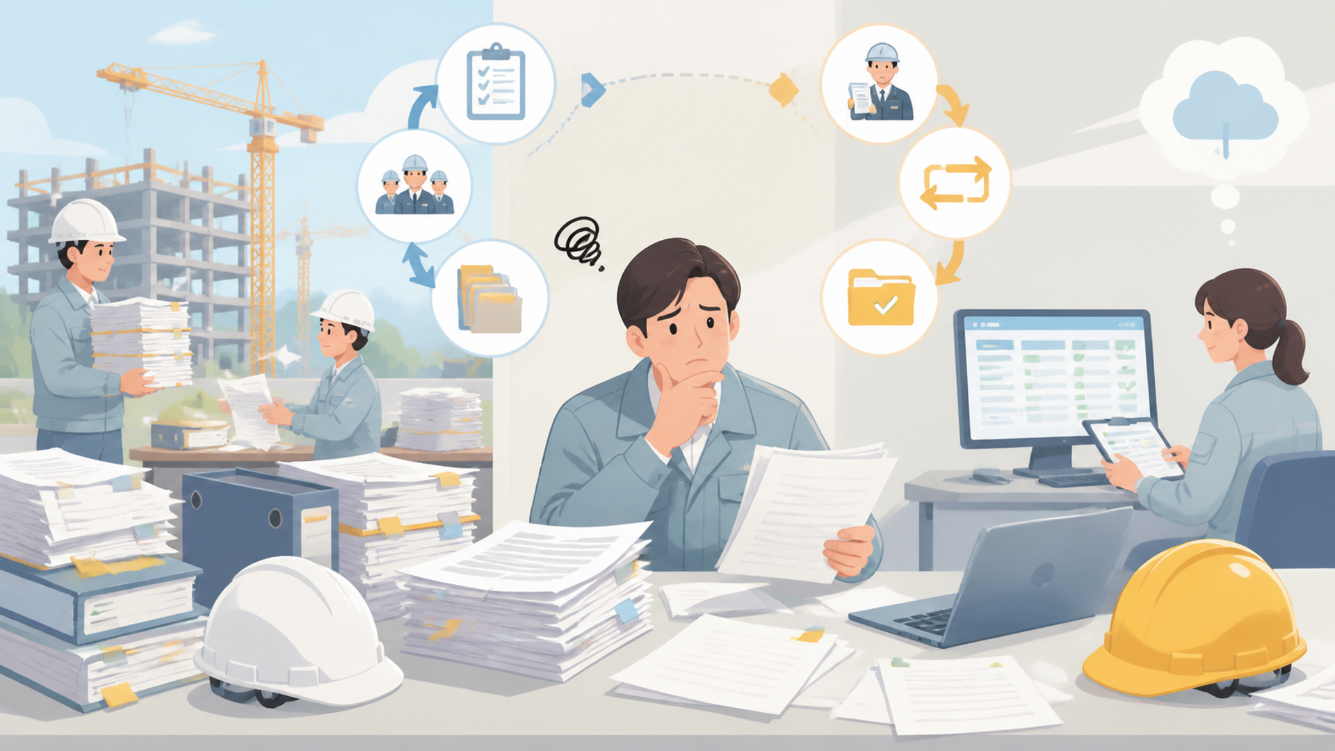 建設現場における安全書類管理の現状と課題を表す図解イラスト