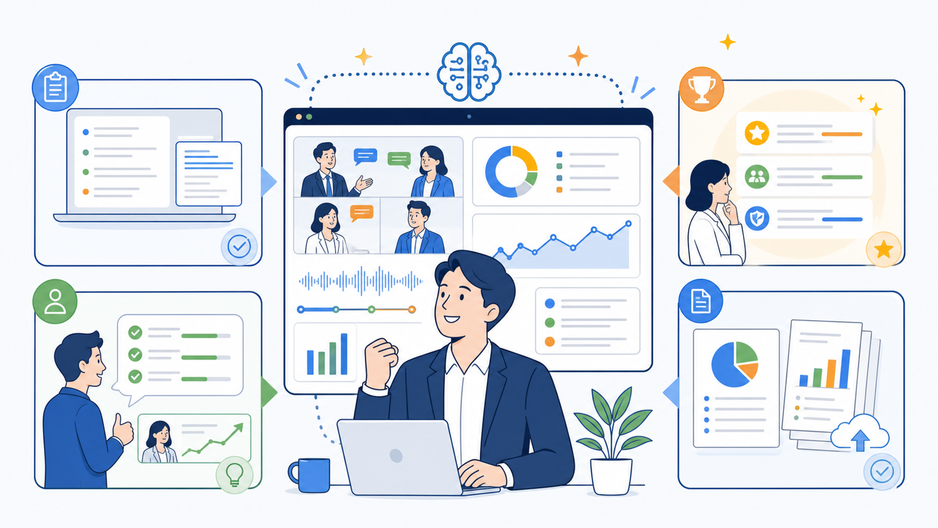 営業活動においてAIによる商談の可視化が注目される背景を表す図解イラスト