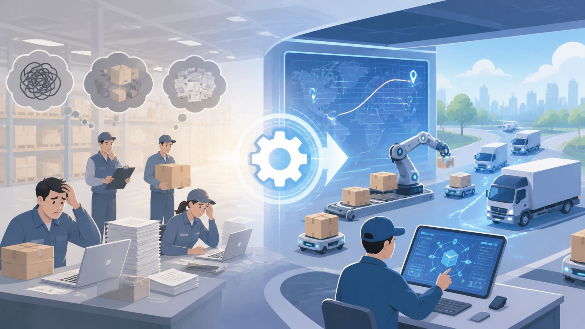 物流業界が直面する課題と出荷管理の自動化が注目される背景を表す図解イラスト