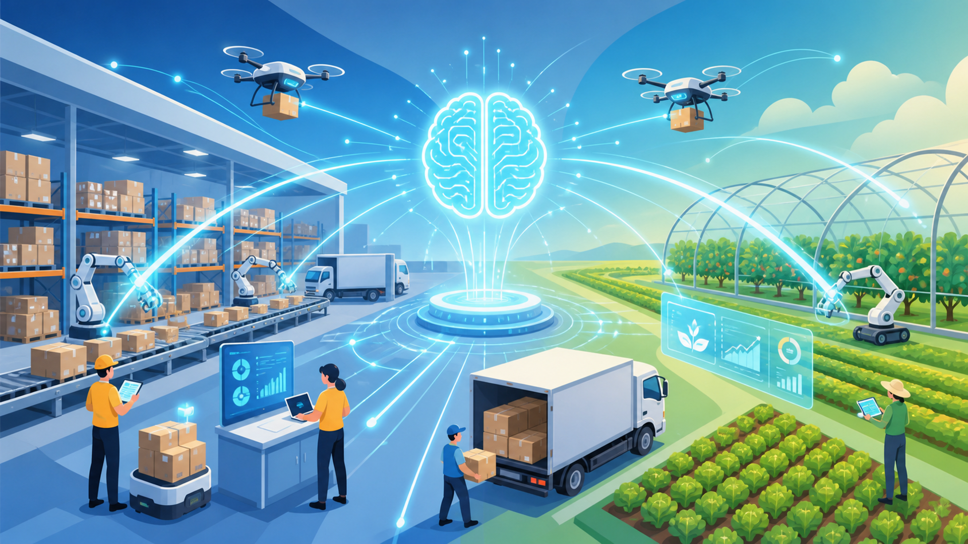 AIによる出荷管理の最新活用事例を表す図解イラスト