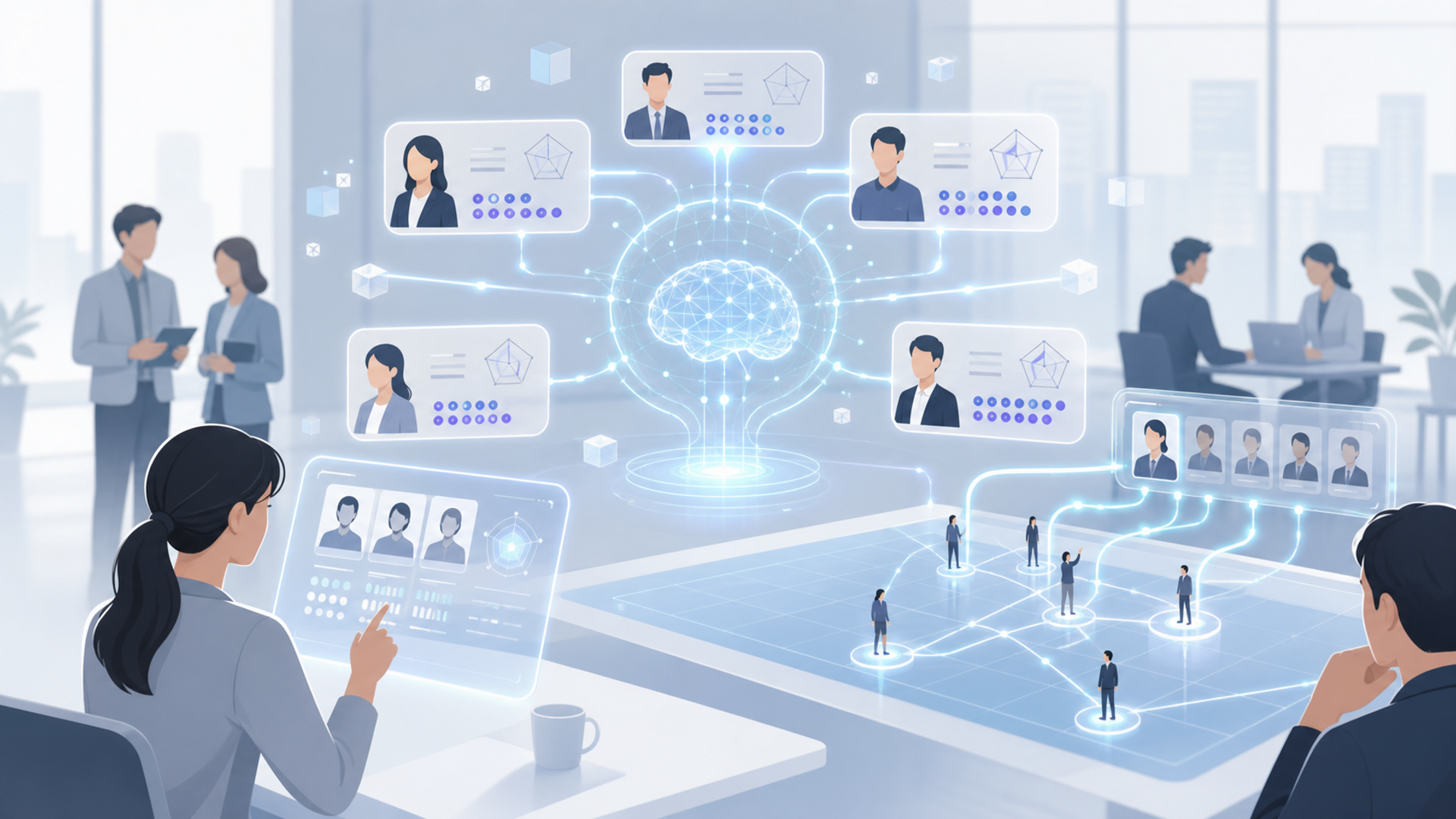 AIを活用した人材配置の概要と注目される背景を表す図解イラスト