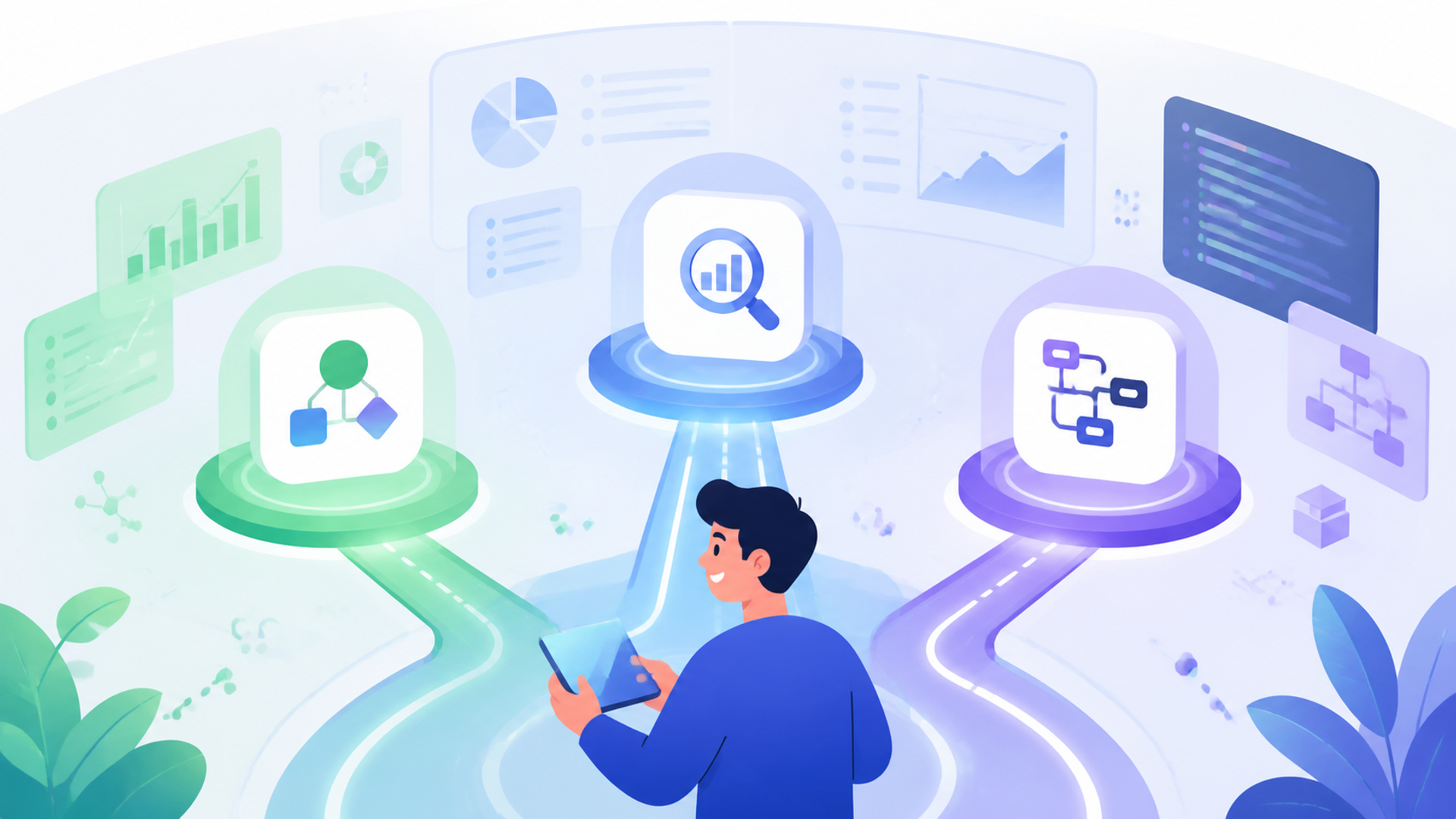 競合調査の自動化におすすめのAIツール3選を表す図解イラスト