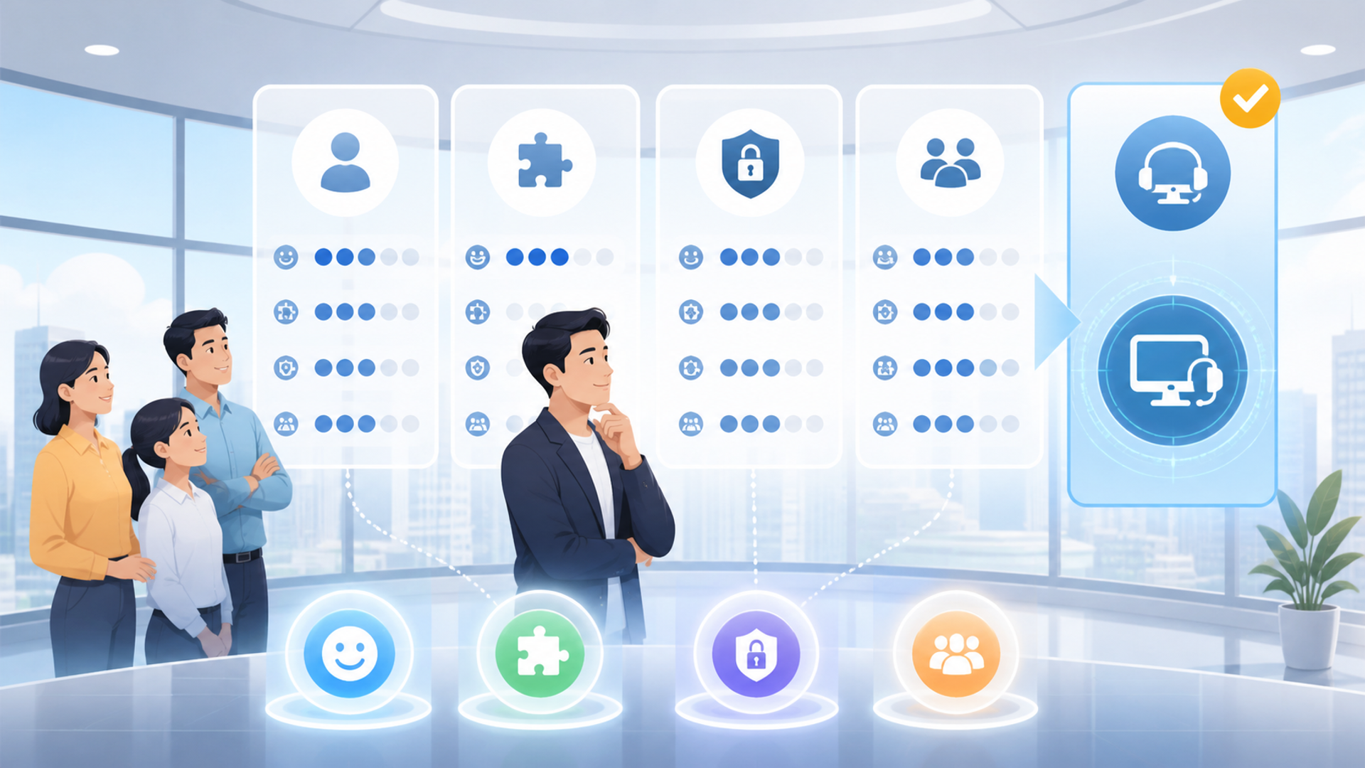 自社に最適なシステムを選ぶための比較ポイントを表す図解イラスト