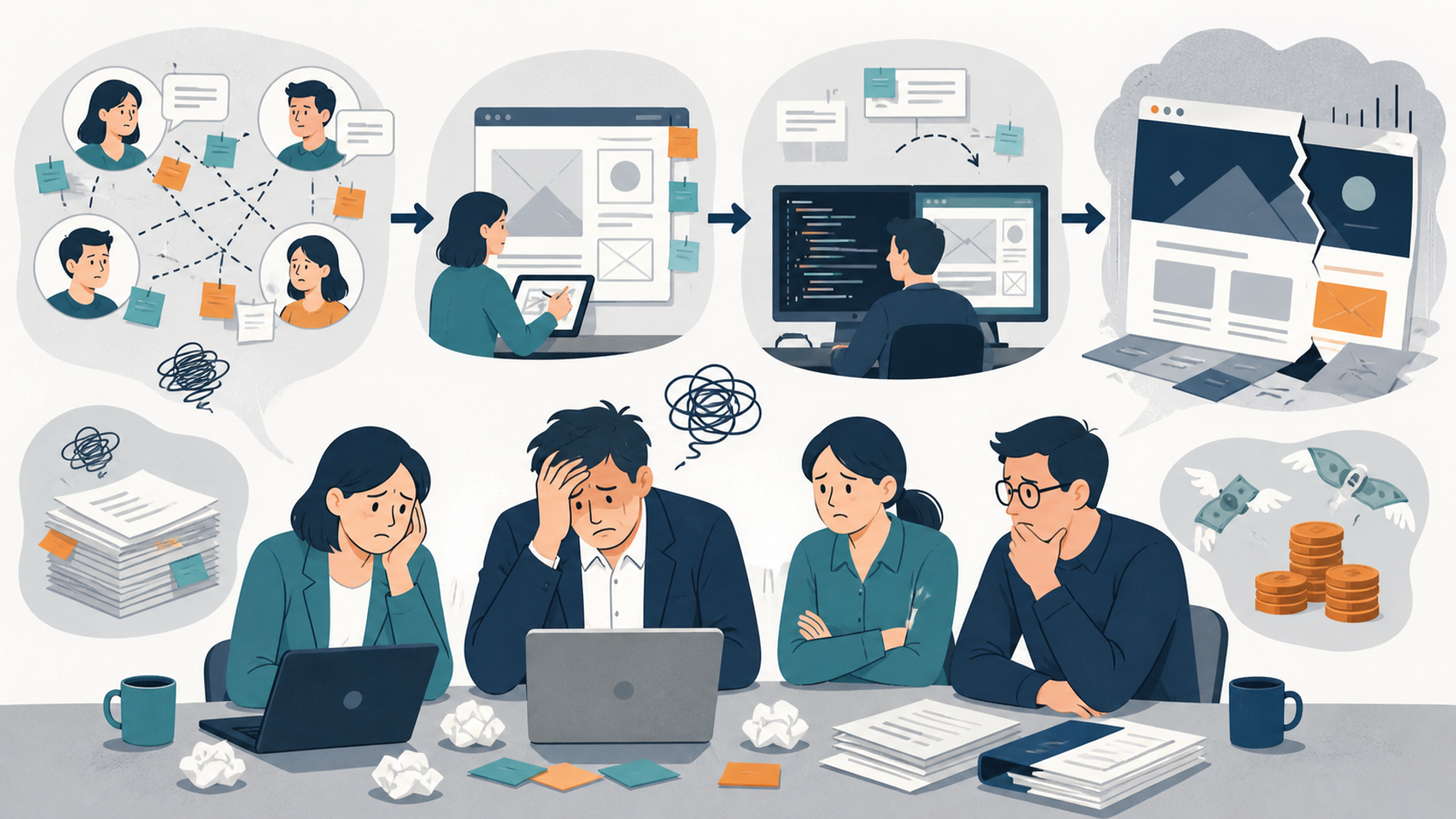 従来のランディングページ制作における課題を表す図解イラスト