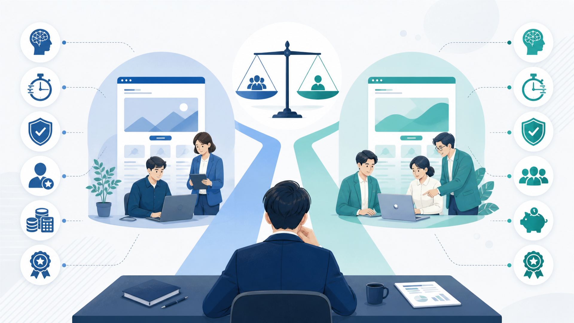自社での内製化と外部委託の判断基準を表す図解イラスト