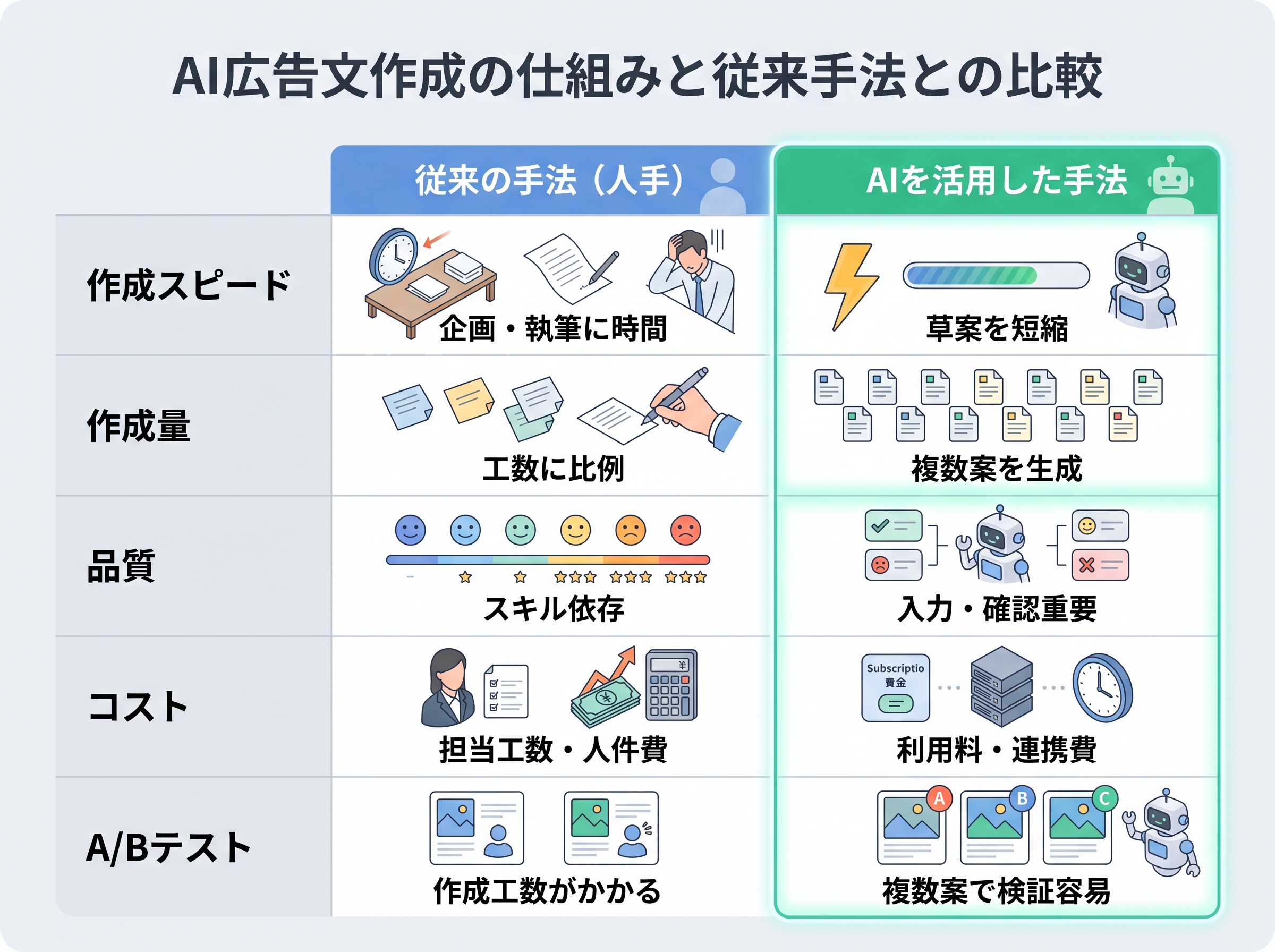 AI広告文作成と人手による従来手法をスピード、量、品質、コスト、A/Bテストの5項目で比較した表