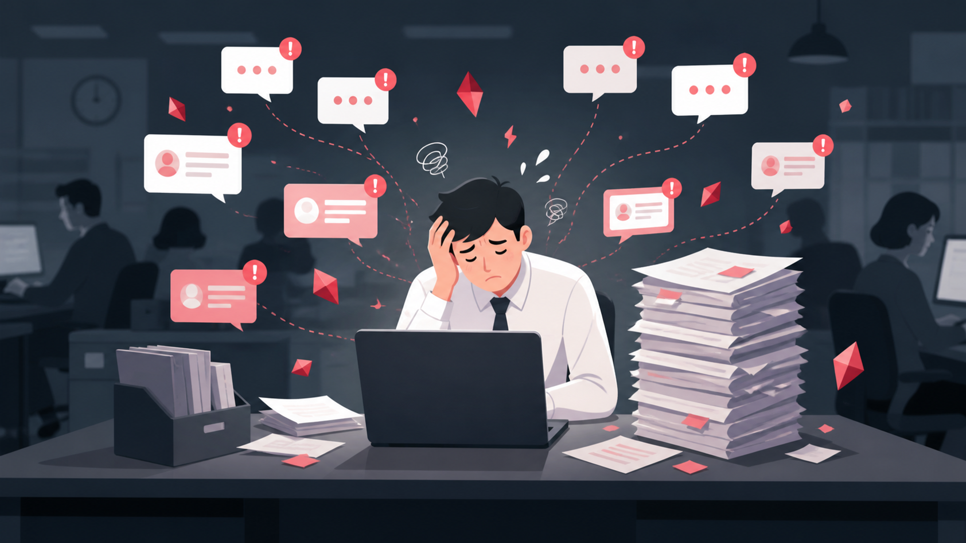 社内問い合わせの対応業務における主な課題と限界を表す図解イラスト