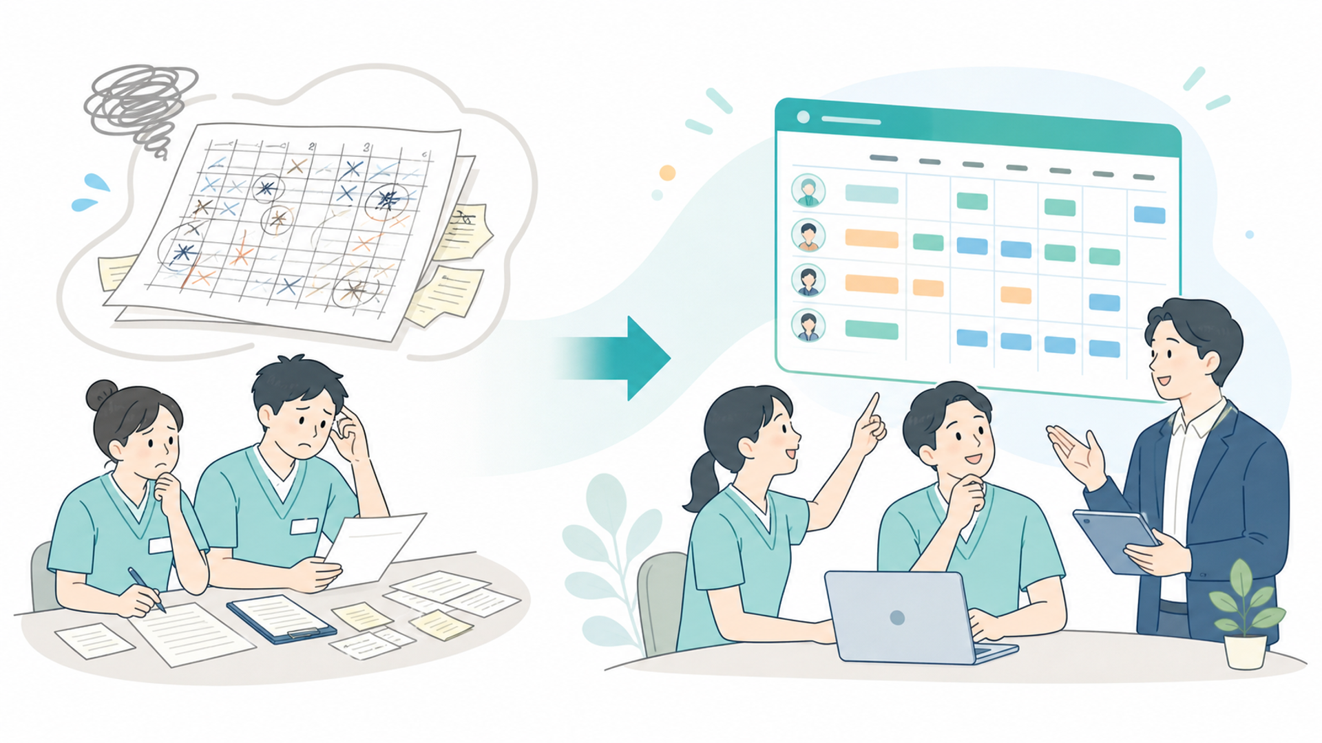 AIを活用したシフト管理の仕組みと従来の方法との違いを表す図解イラスト