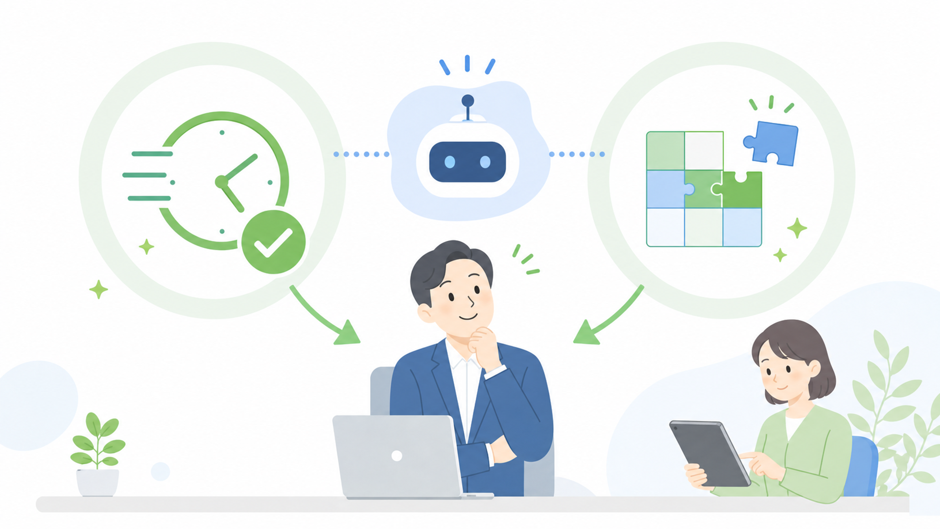 システムを導入することで得られる2つのメリットを表す図解イラスト