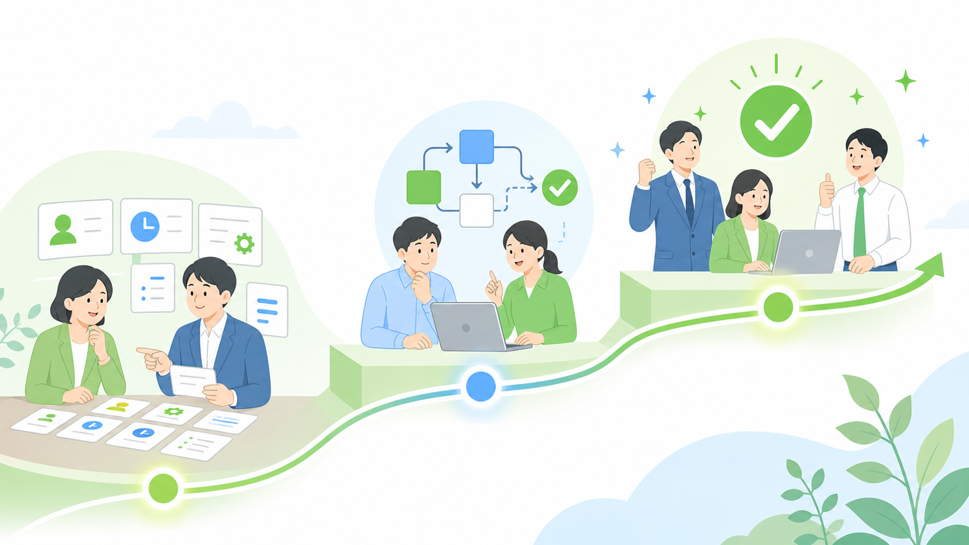 自動化システムをスムーズに導入するための手順を表す図解イラスト