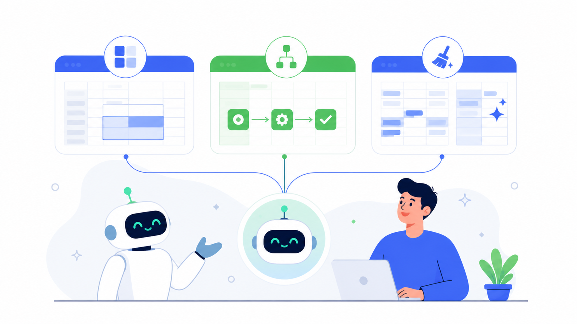 AIとの連携で効率化できる3つの代表的なExcel業務を表す図解イラスト