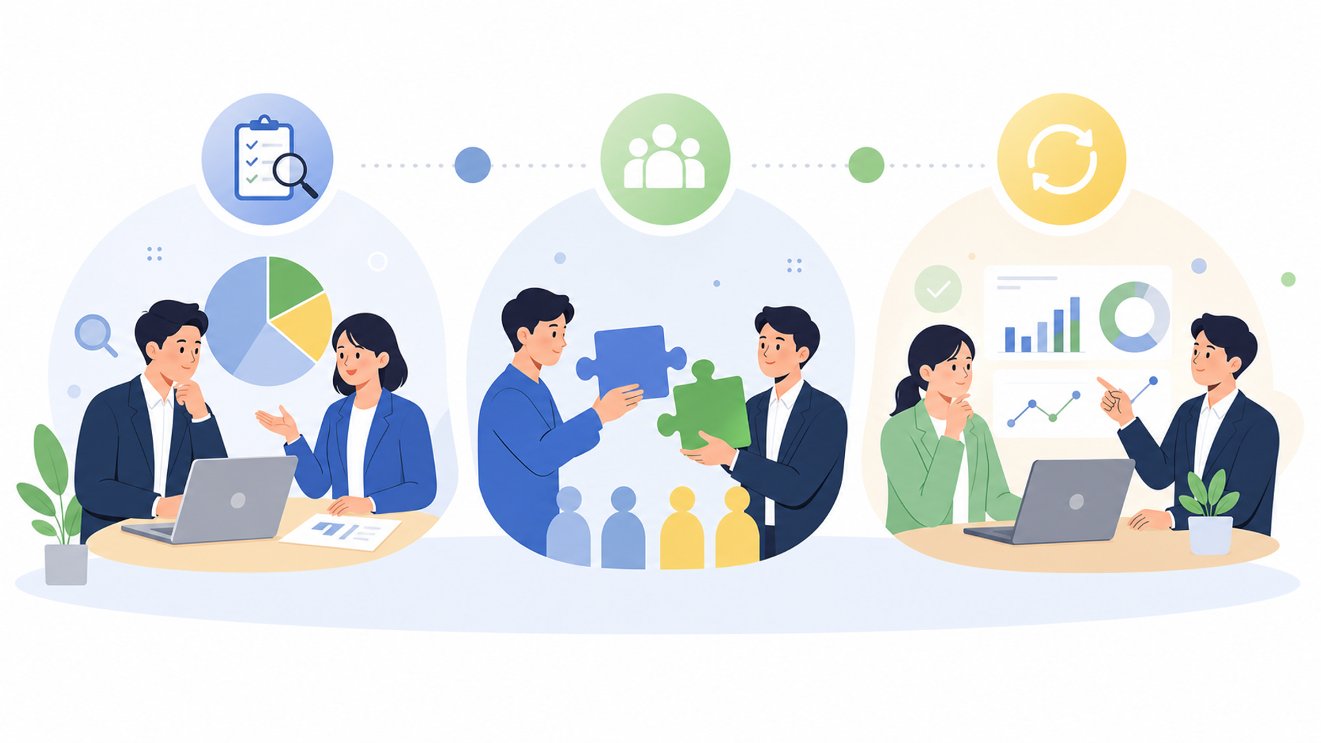 プロジェクトを成功に導く3つのステップを表す図解イラスト