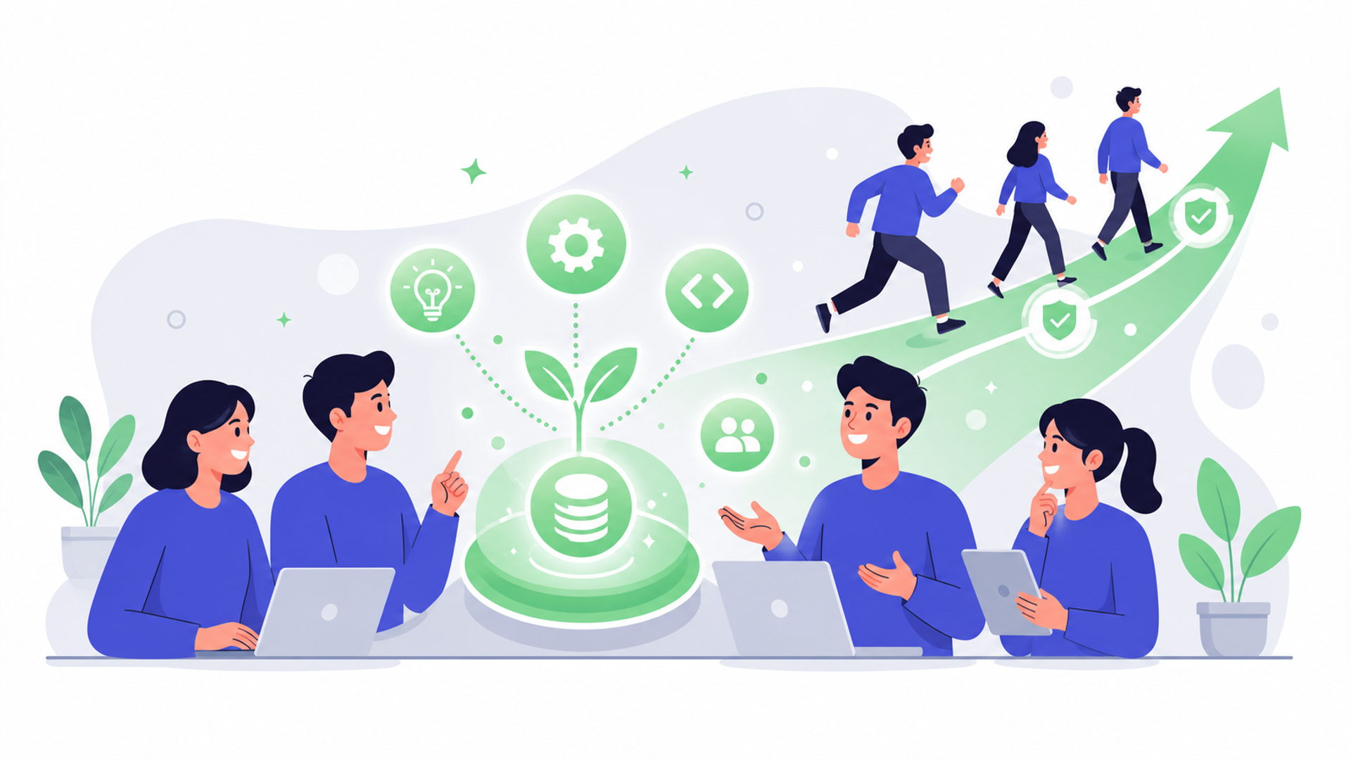 企業が内製化を進めることで得られるメリットを表す図解イラスト