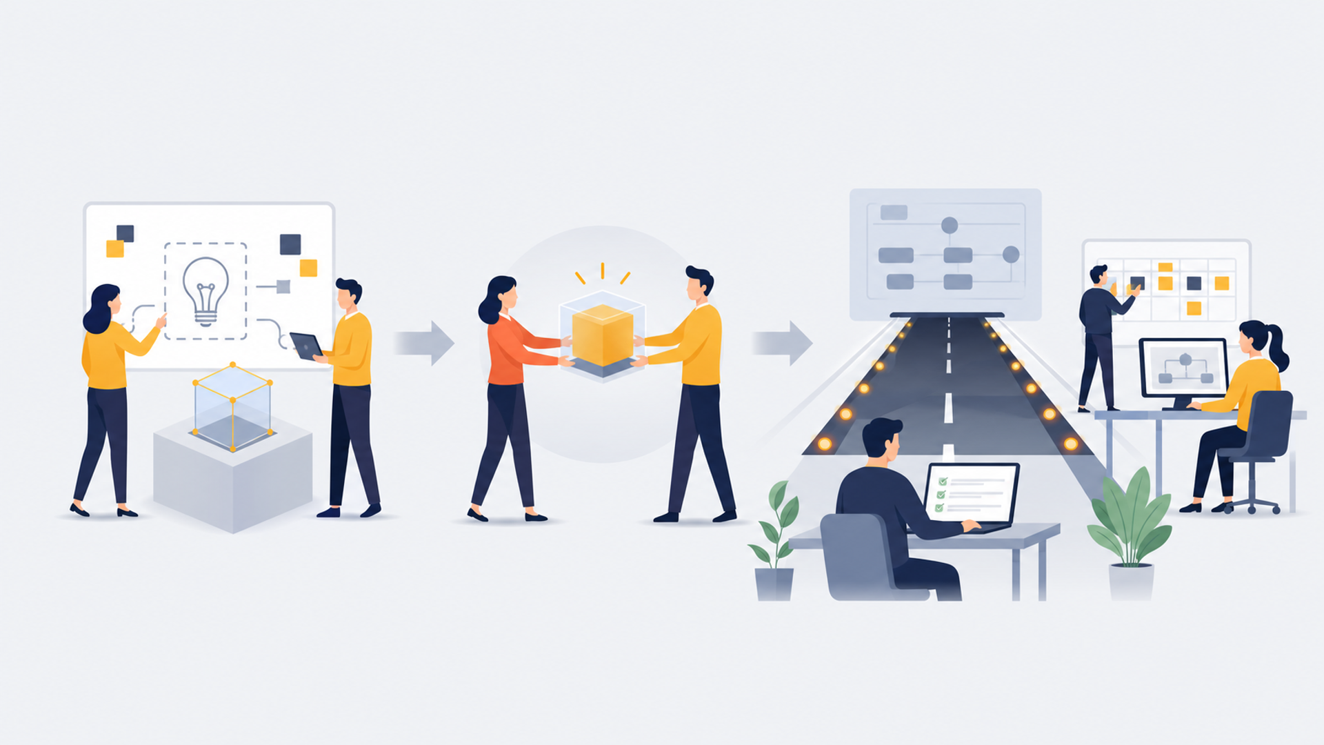 開発フェーズへの移行をスムーズにするための準備を表す図解イラスト