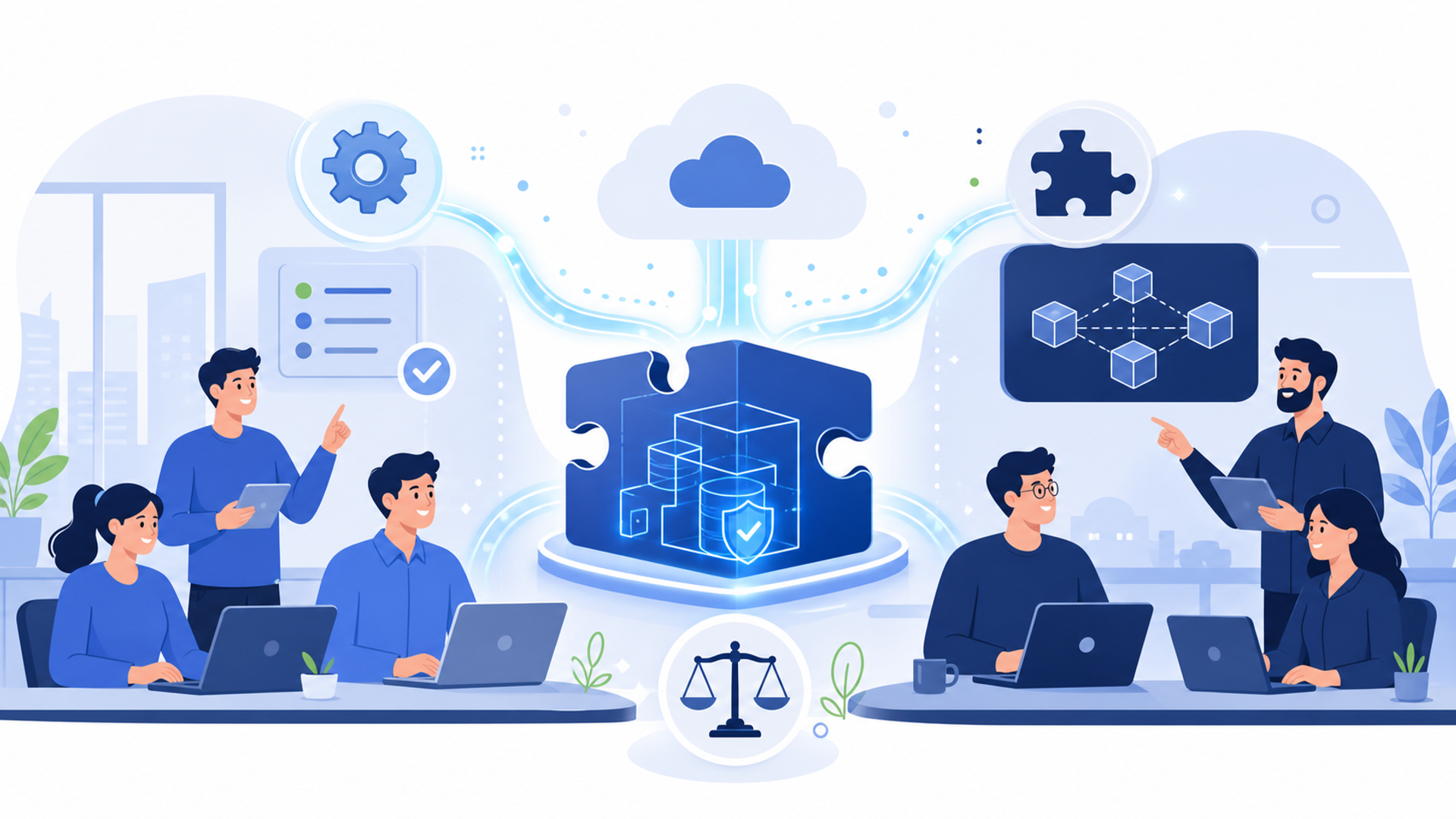 内製化と外注を組み合わせるハイブリッド開発の有効性を表す図解イラスト