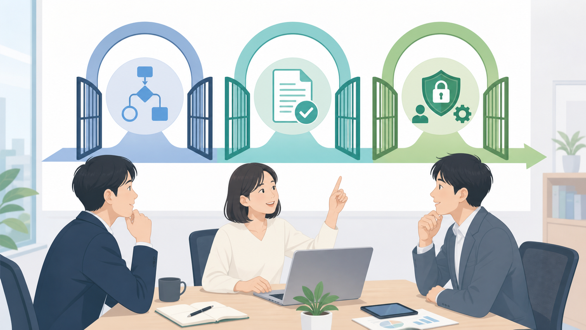 自社に最適な営業支援ツールを選定するための3つの基準を表す図解イラスト