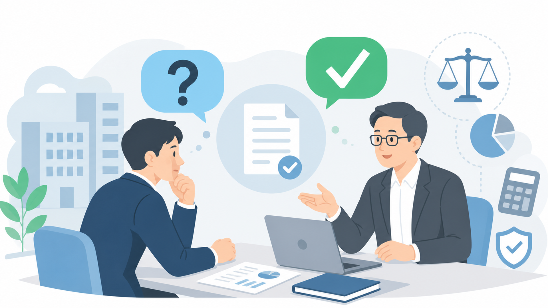 契約や税務に関するよくある質問（FAQ）を表す図解イラスト