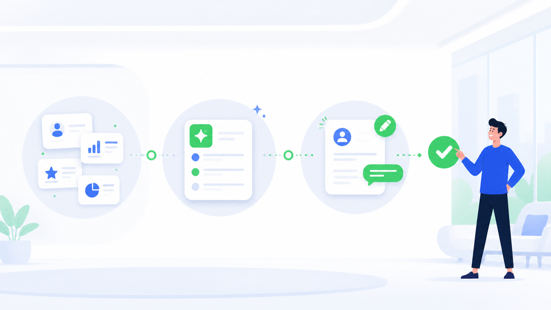 AIを使って質の高いフィードバックを作成する3つのステップを表す図解イラスト