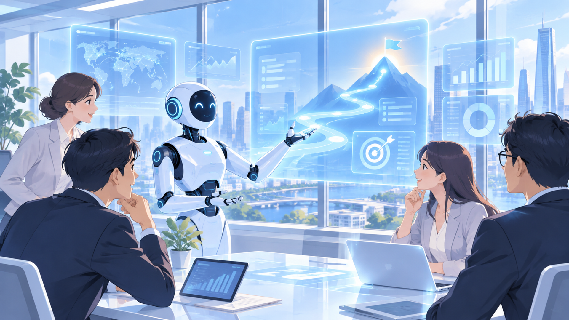 AIによる目標設定の効率化が2026年のビジネスで注目される背景を表す図解イラスト