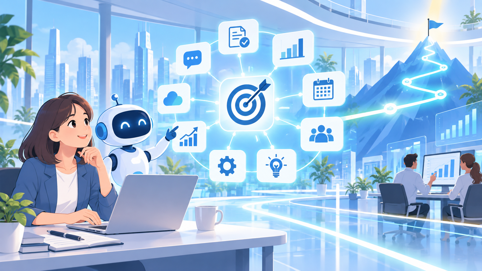目標設定を効率化するAI・関連ツール10選（参考情報を含む）を表す図解イラスト