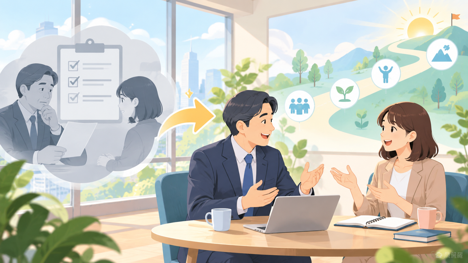 上司との確認を「承認の場」から「対話の場」へ変革する方法を表す図解イラスト