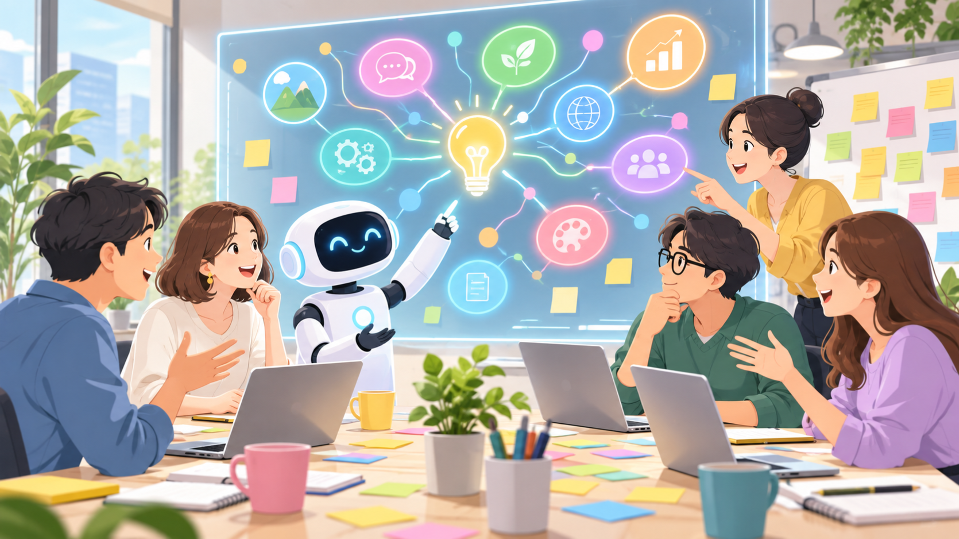 チームでの議論を活性化させる生成AIの活用法を表す図解イラスト