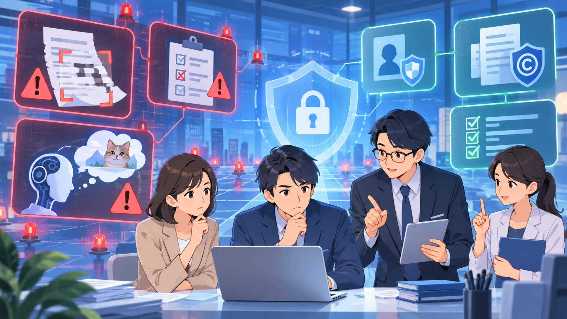 導入時に注意すべきリスクと具体的な対策を表す図解イラスト