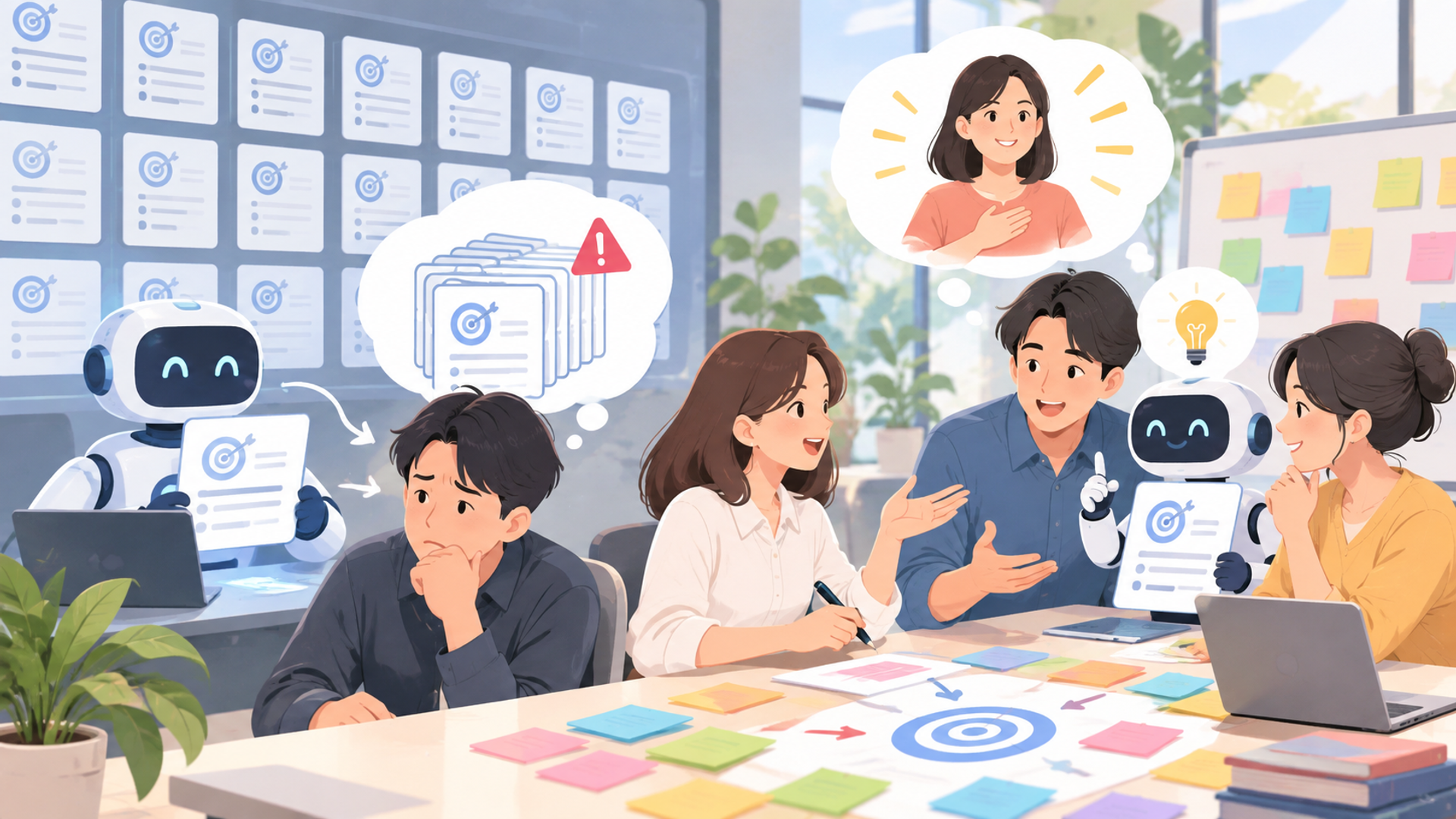 AIによる目標設定の効率化を導入する際の注意点と対策を表す図解イラスト