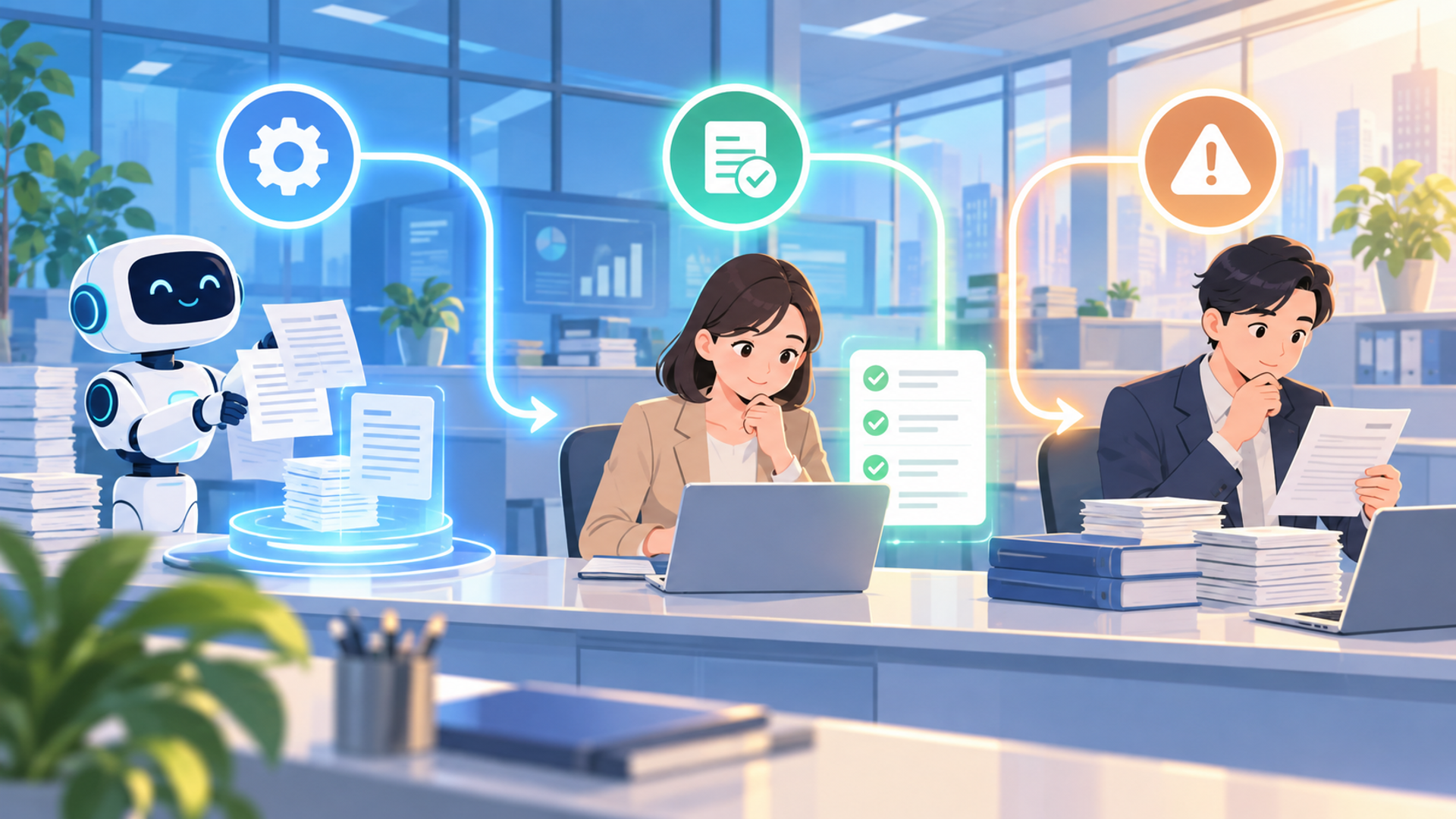 経理業務におけるAIと人間の役割分担のあり方を表す図解イラスト