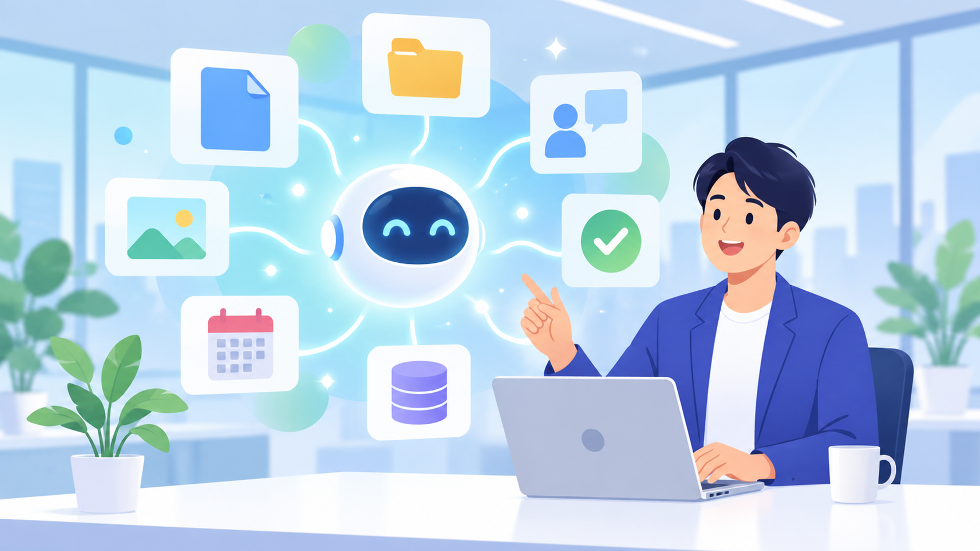 ノーコードで使えるAIツールで実現できる具体的な業務・ユースケースを表す図解イラスト