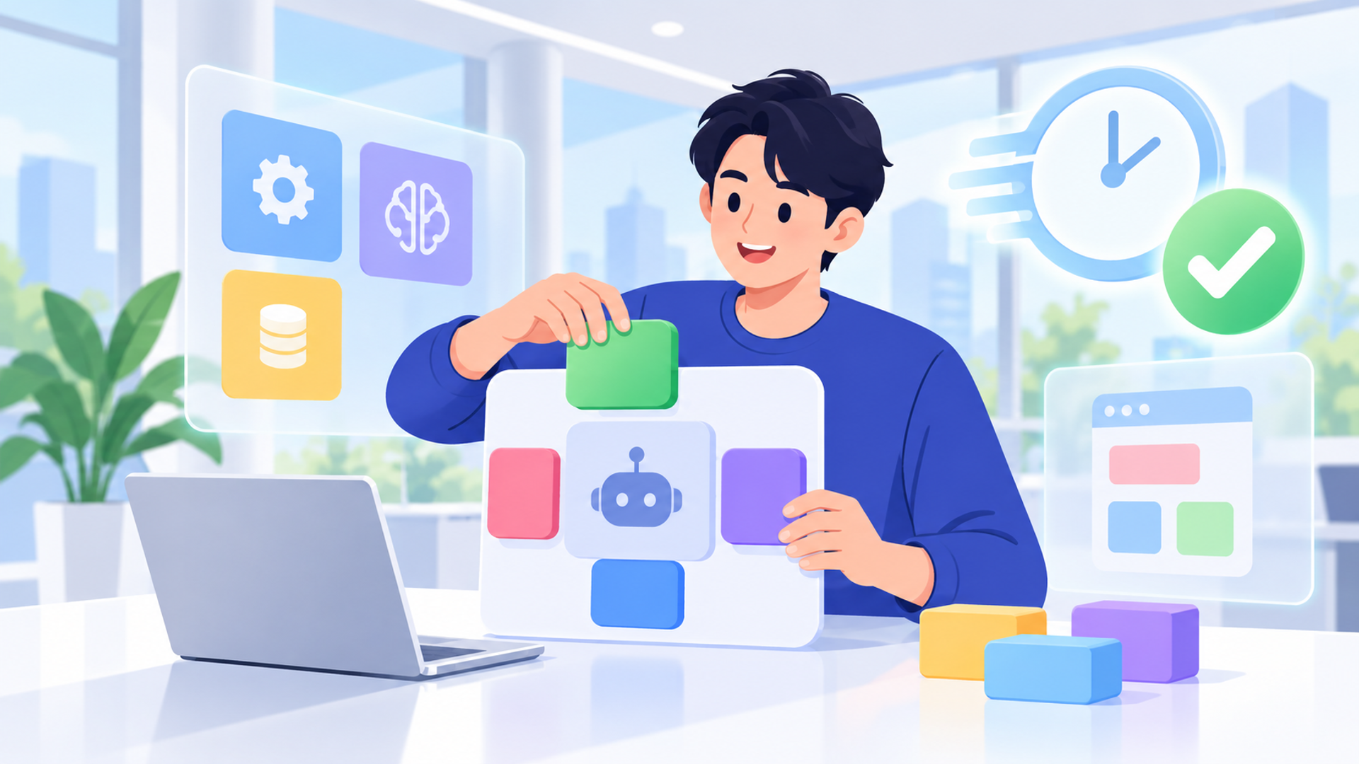 AIアプリ開発をノーコード化するメリットを表す図解イラスト
