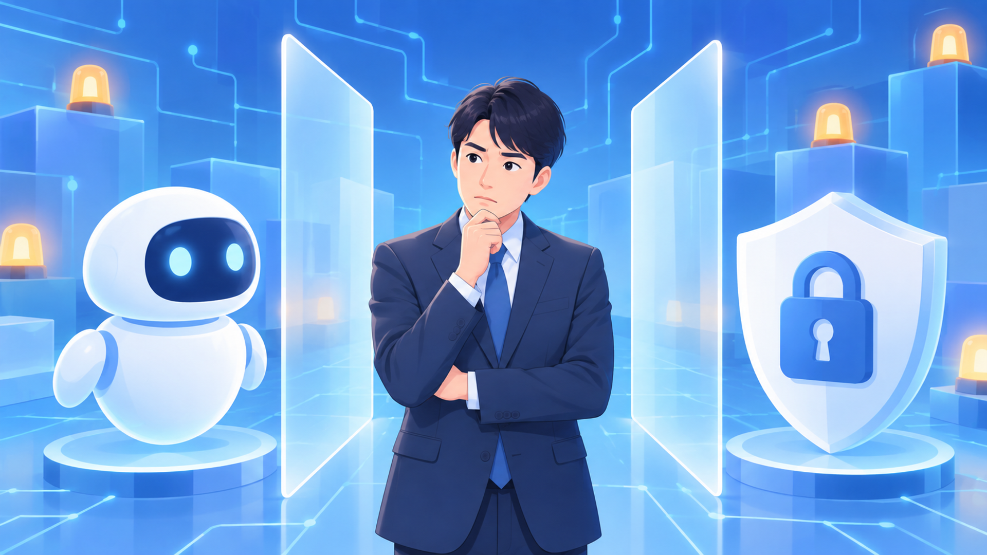 ノーコードによるAI開発の限界と導入時の注意点を表す図解イラスト