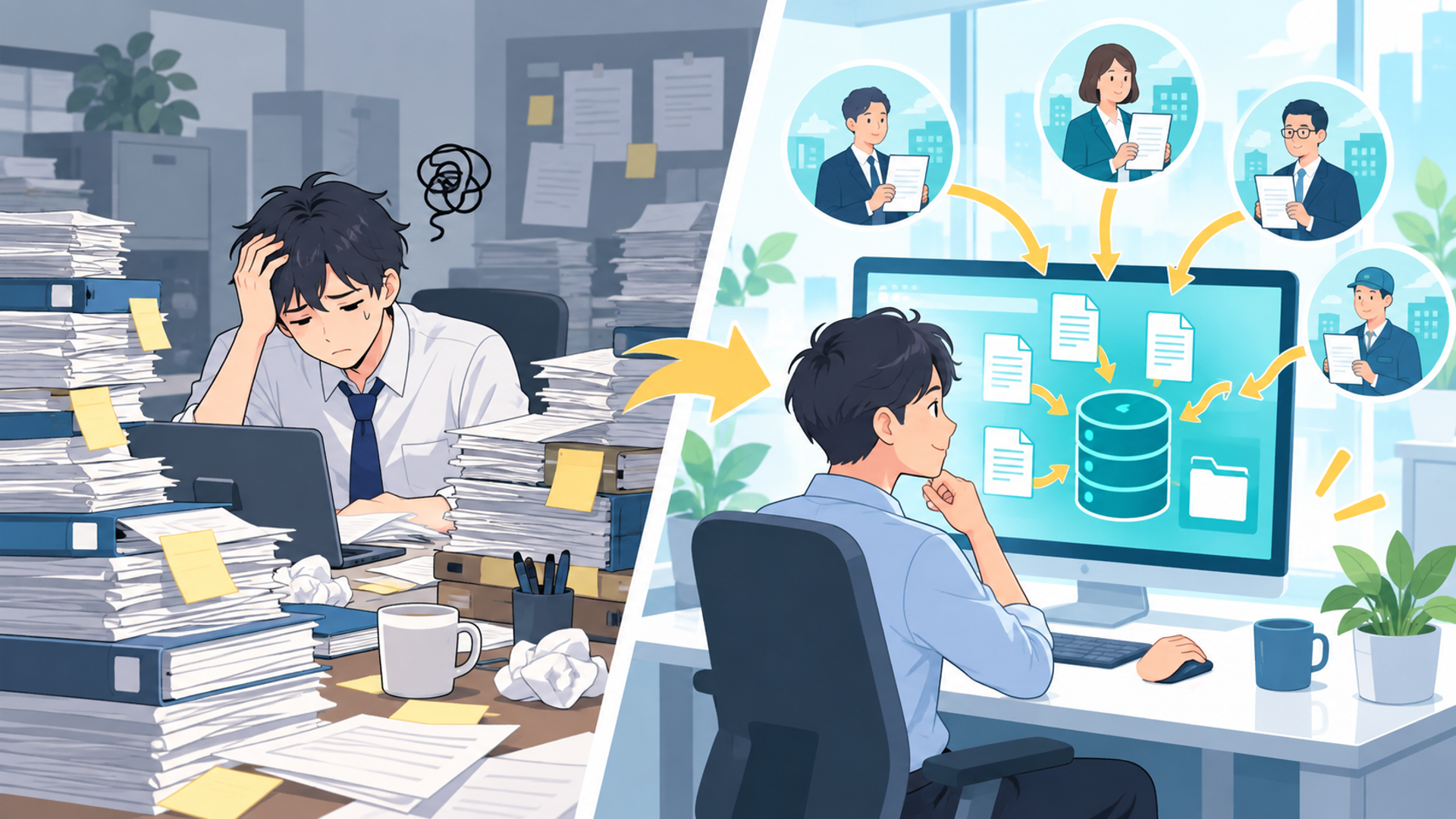 AIを活用した書類回収の自動化とは？従来の業務との違いを解説を表す図解イラスト