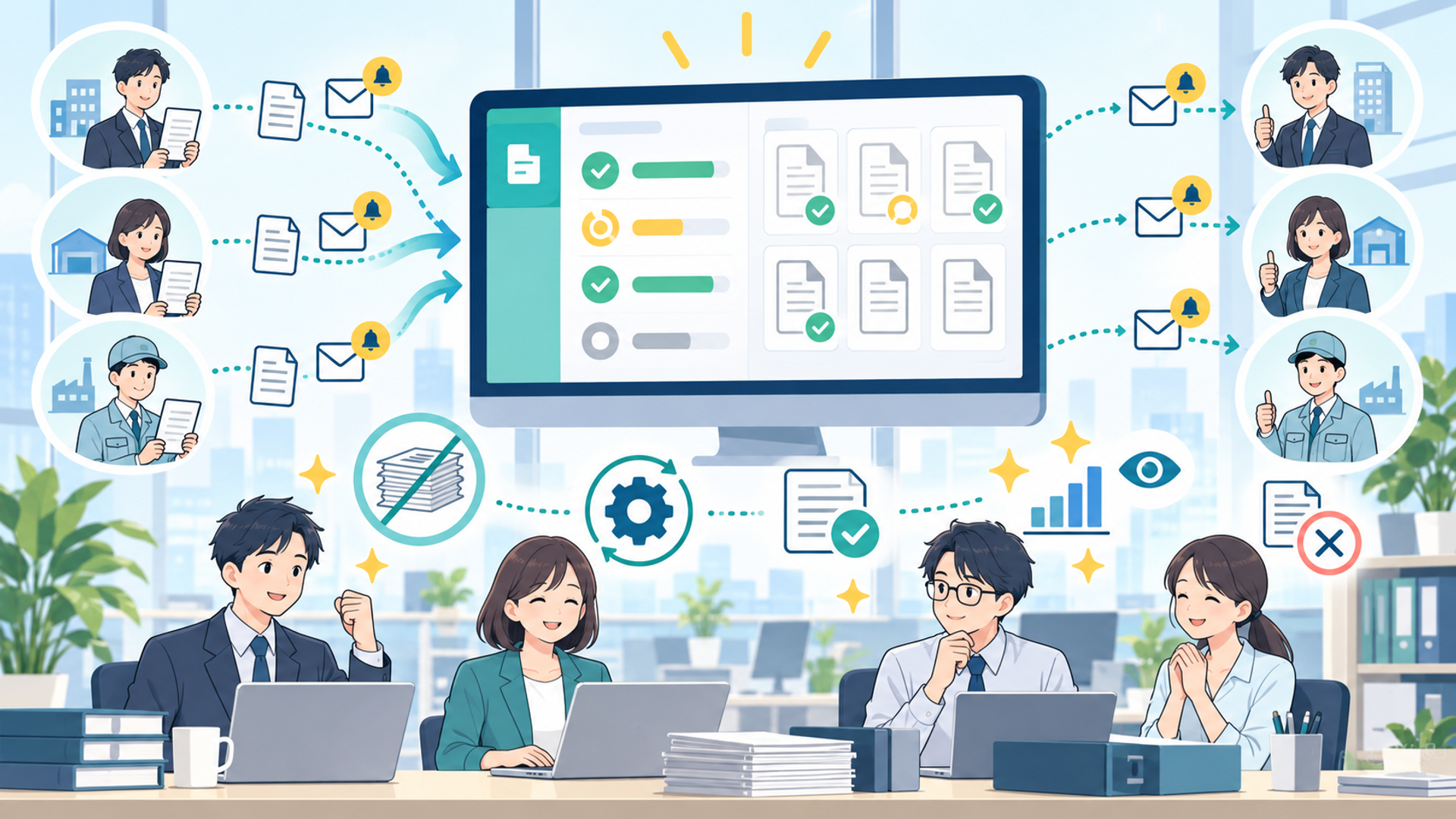 書類回収を自動化することで得られるメリットを表す図解イラスト