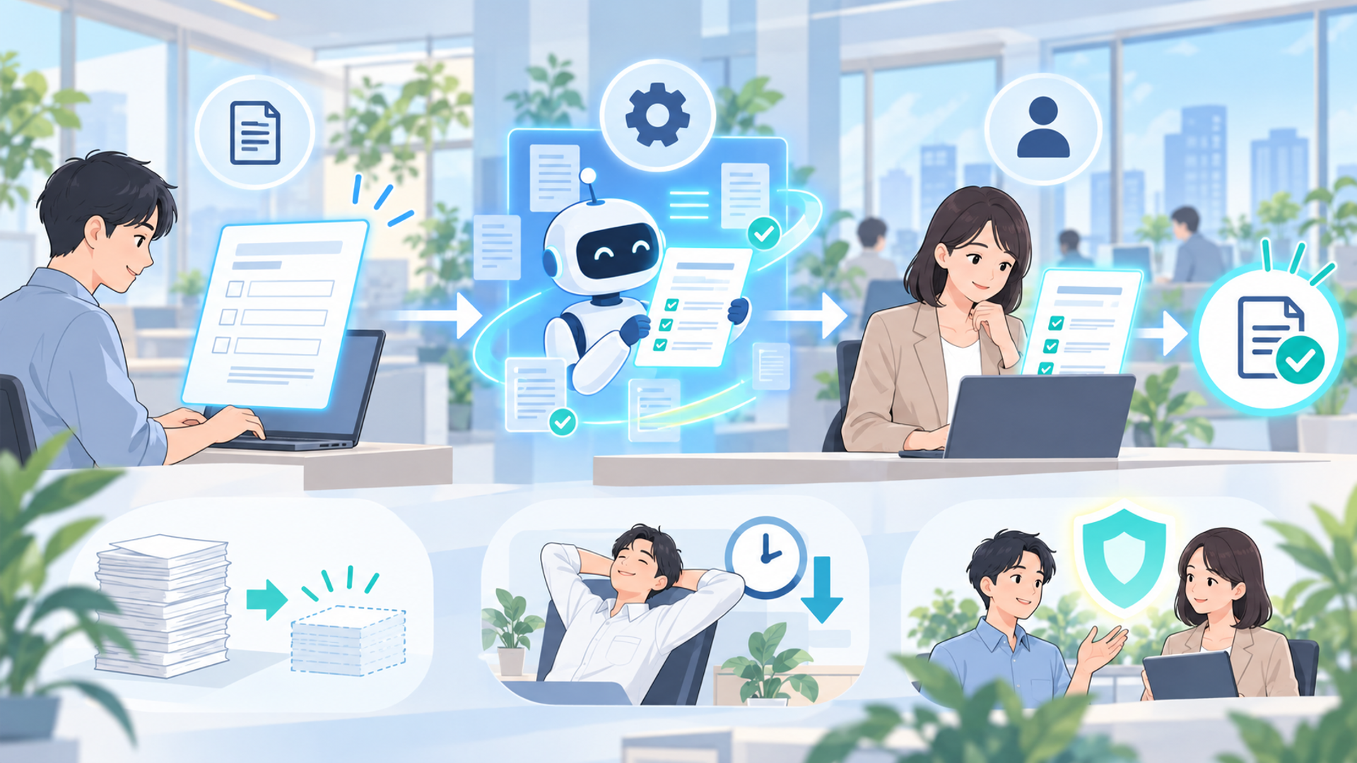 AIを活用して申請業務を自動化するメリットを表す図解イラスト