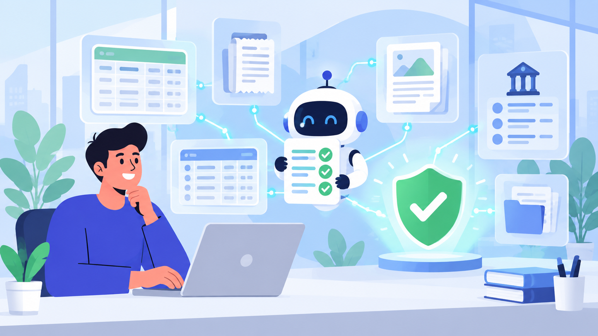 AIによる照合自動化で実現できることと対象となる業務範囲を表す図解イラスト