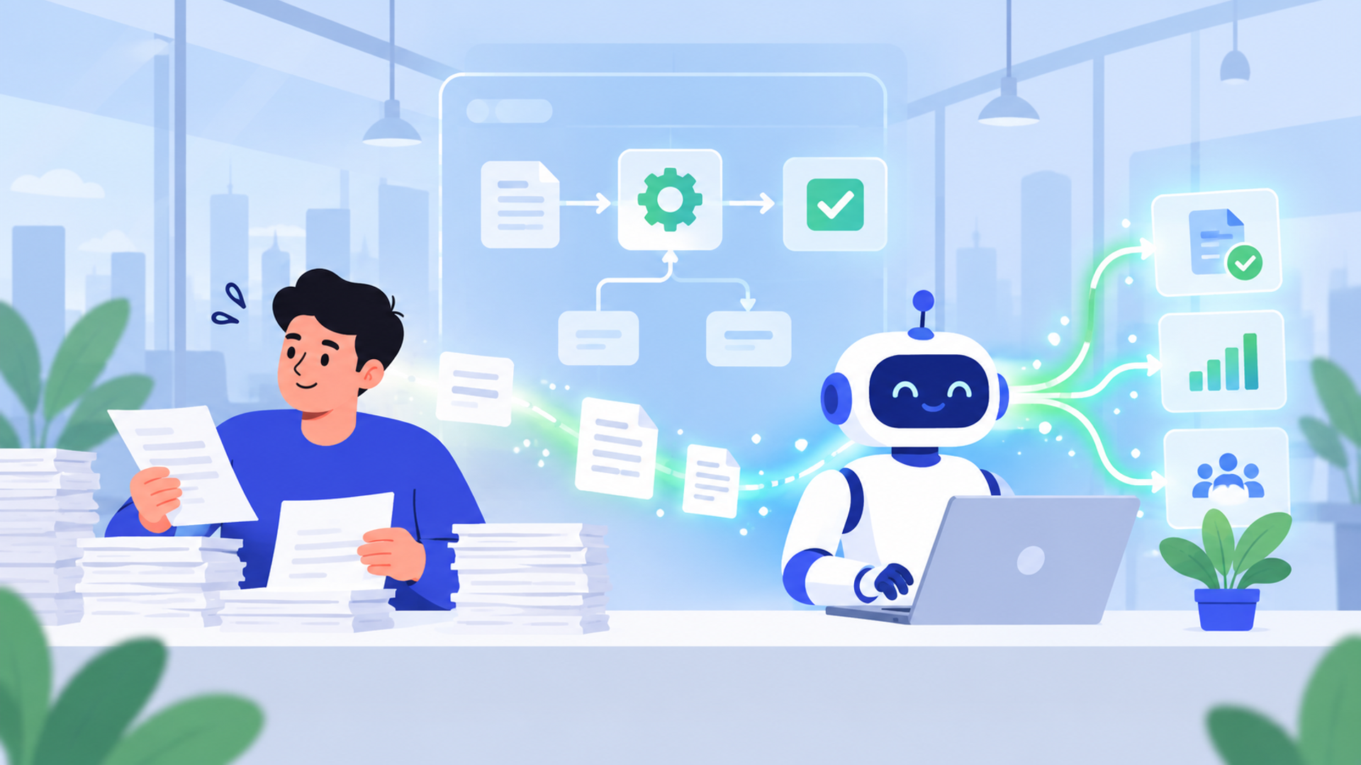 自動化システムの導入によって得られる業務効率化の事例を表す図解イラスト