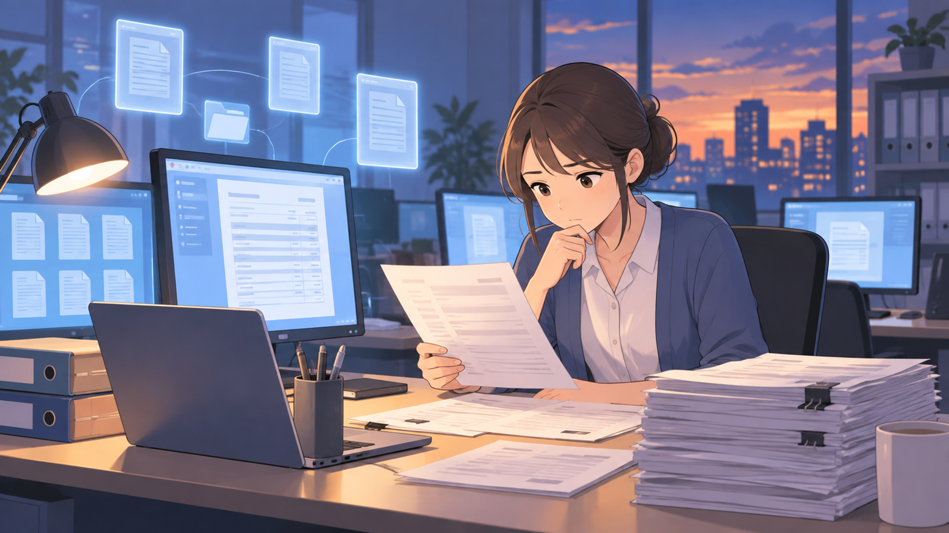 経理部門でペーパーレス化が進んでも「最後の目視チェック」が消えない理由を表す図解イラスト