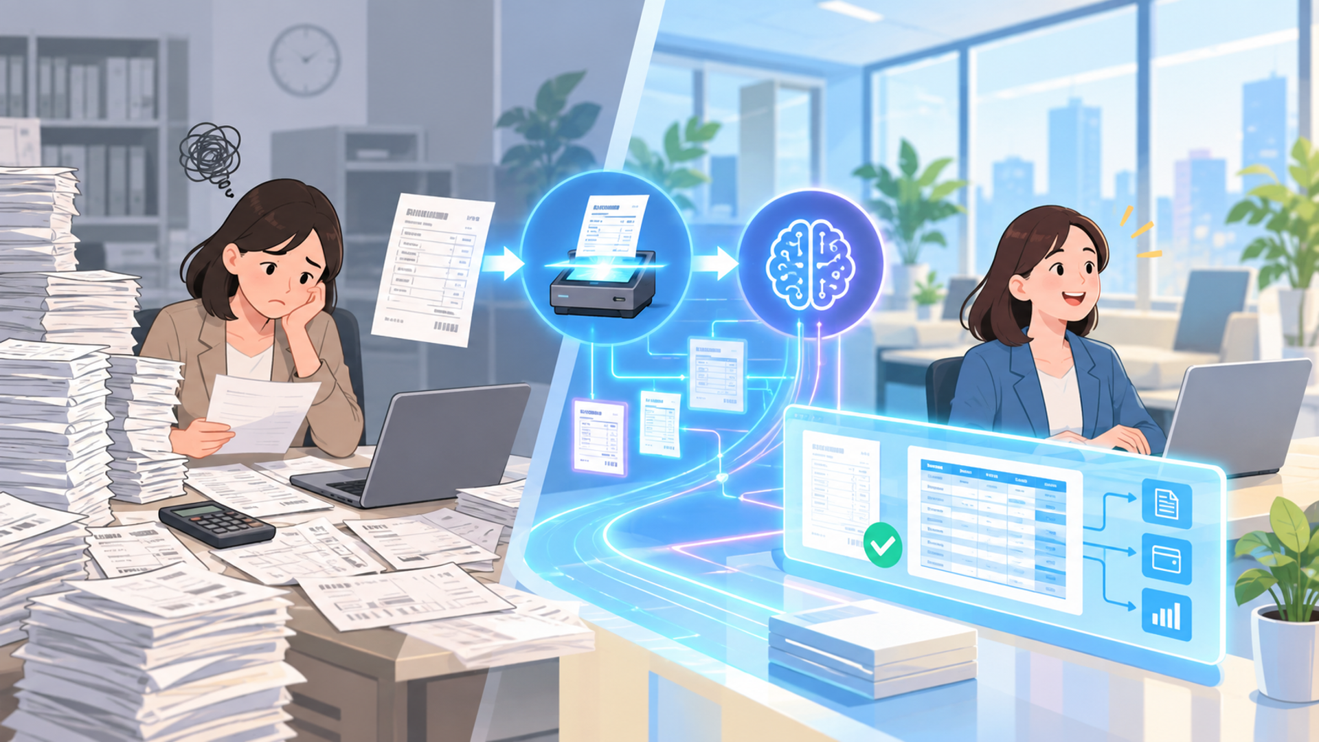経理業務のAI化が求められる背景と従来のOCR技術との違いを表す図解イラスト
