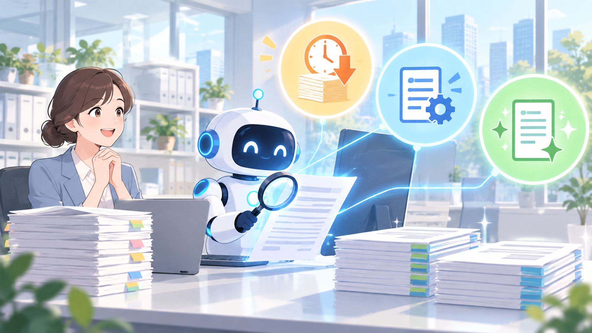 書類チェックの自動化を導入することで得られる3つのメリットを表す図解イラスト