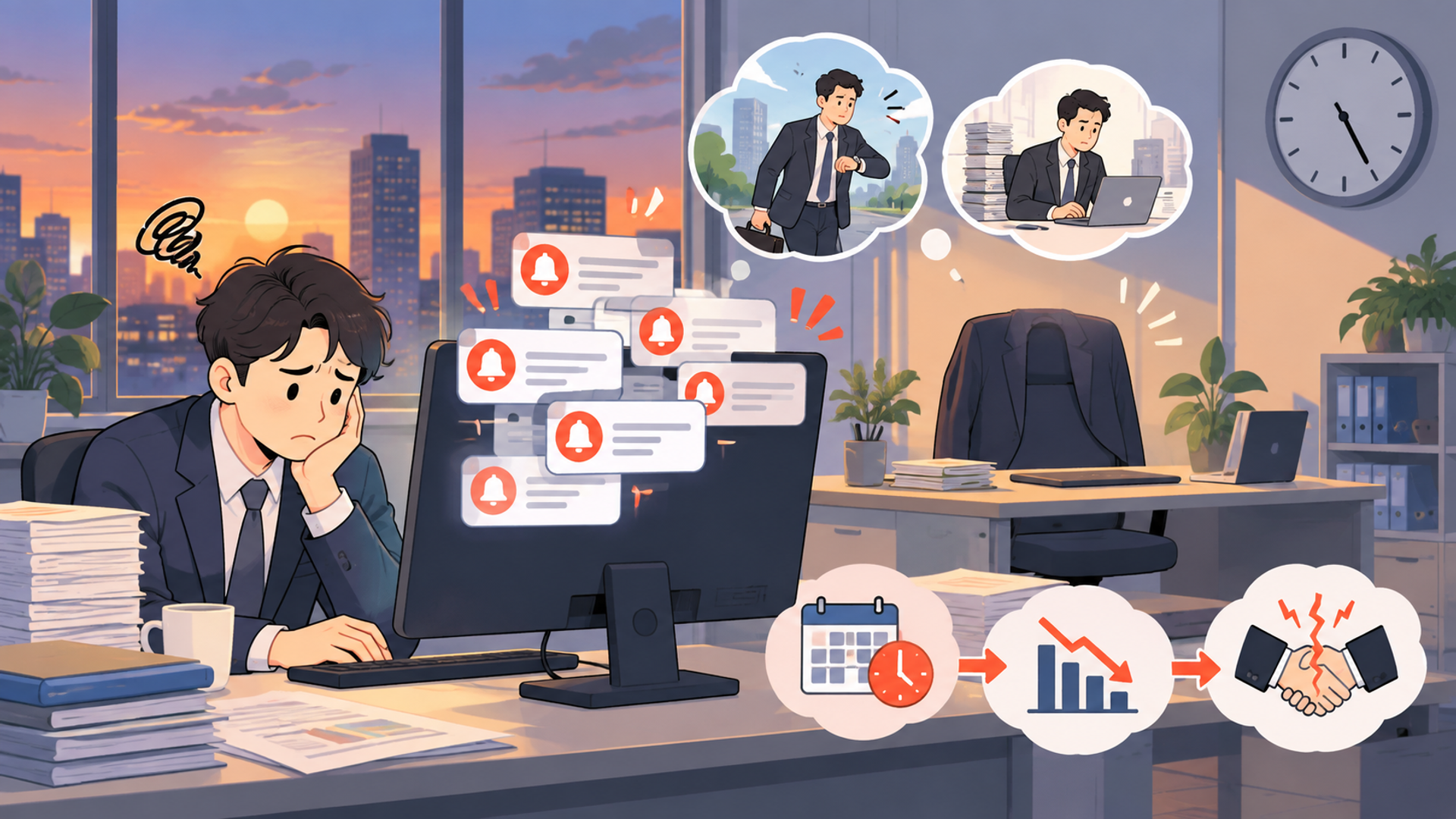 ワークフローにおける承認待ちが発生する原因と課題を表す図解イラスト