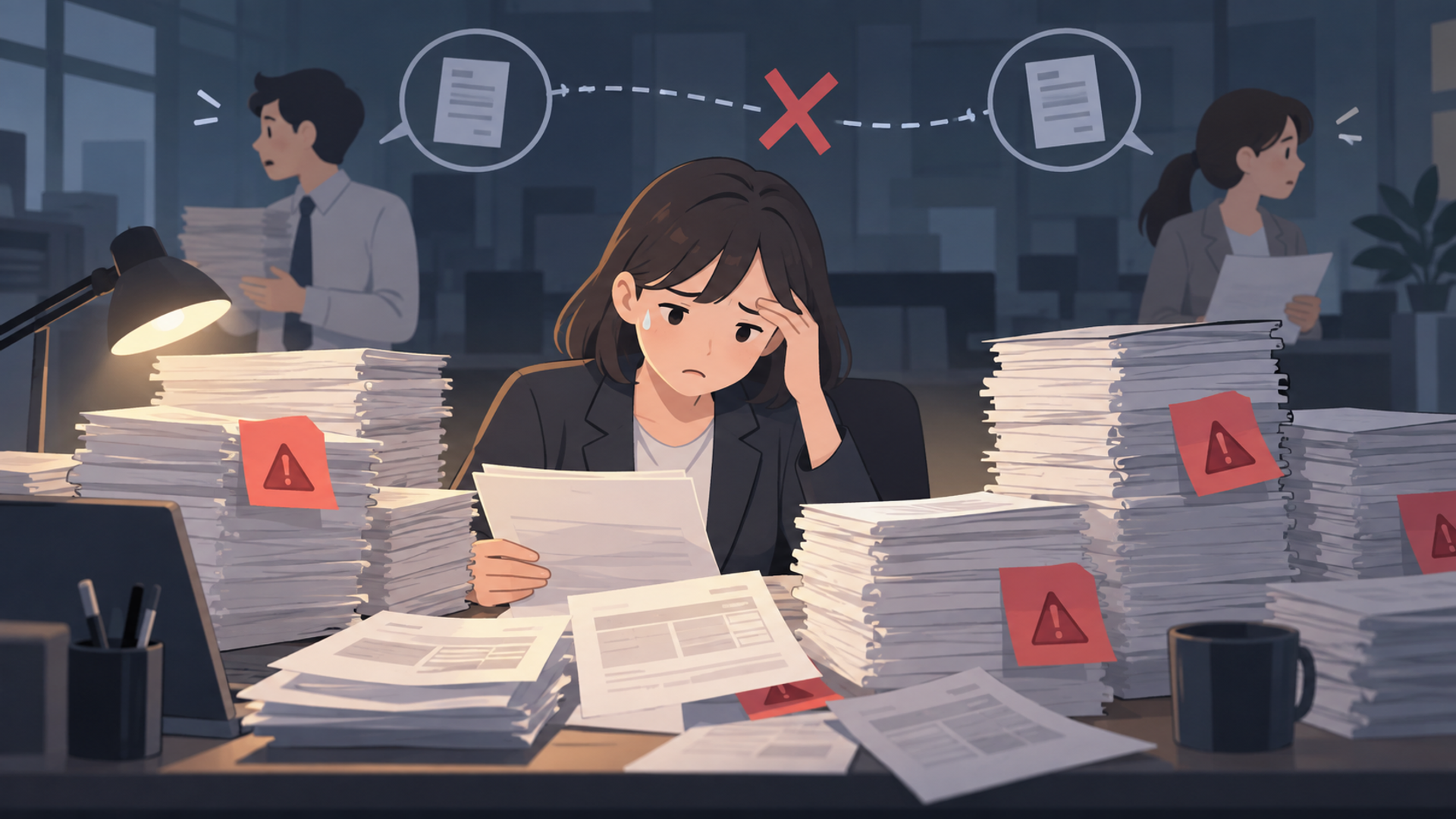 従来の目視チェックにおける課題とリスクを表す図解イラスト