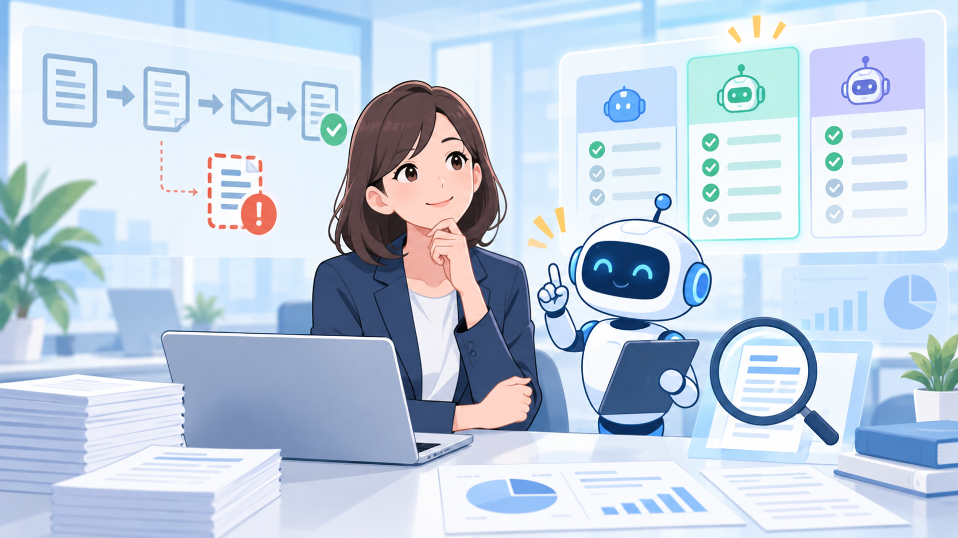 請求漏れを防ぐAIツールを選ぶ際のポイントを表す図解イラスト