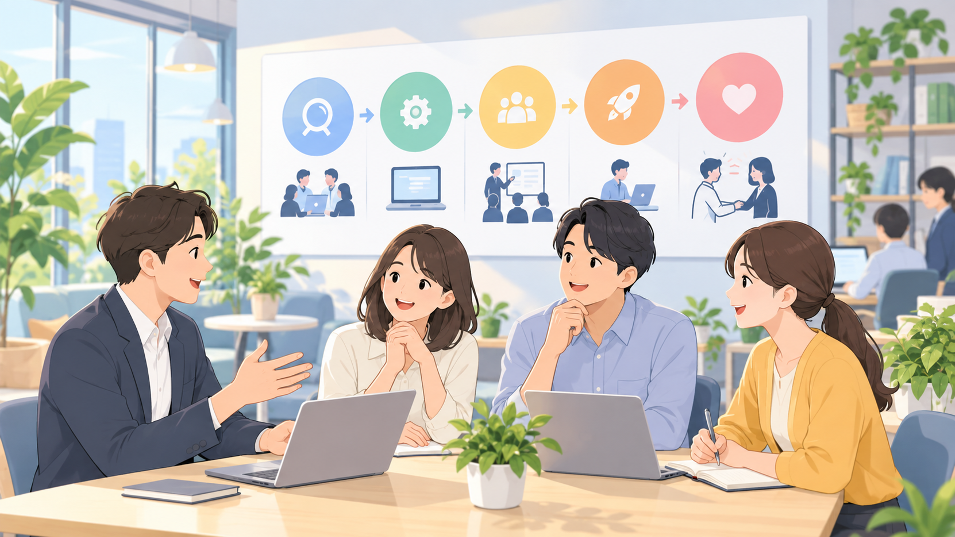 導入後に社内定着を成功させるための進め方を表す図解イラスト